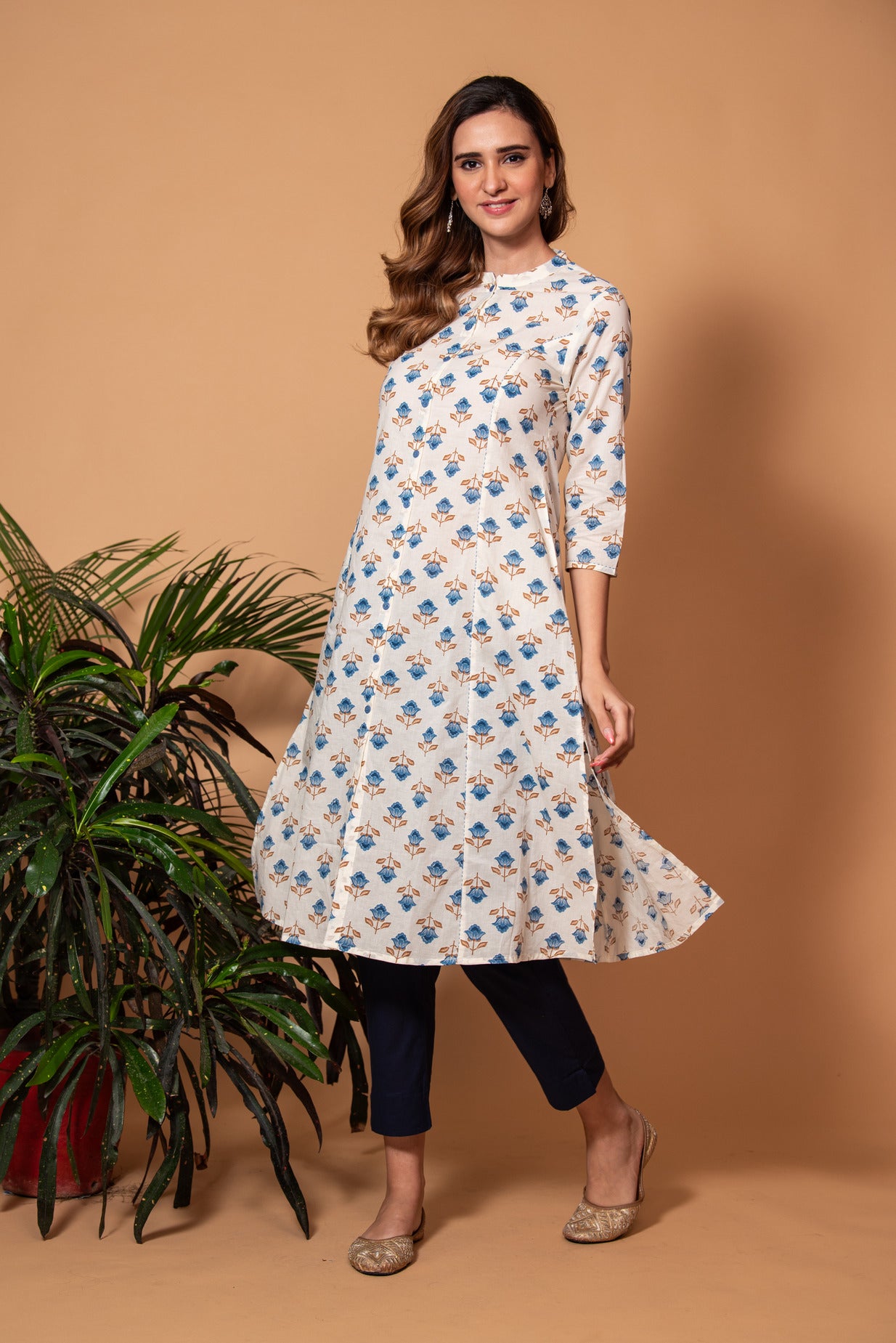 Cream With Blue Floral Printed Cotton Kurti