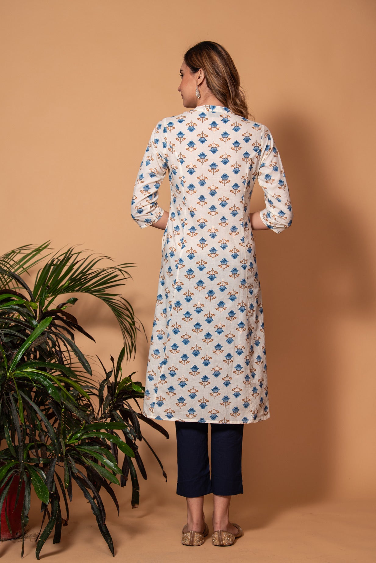 Cream With Blue Floral Printed Cotton Kurti