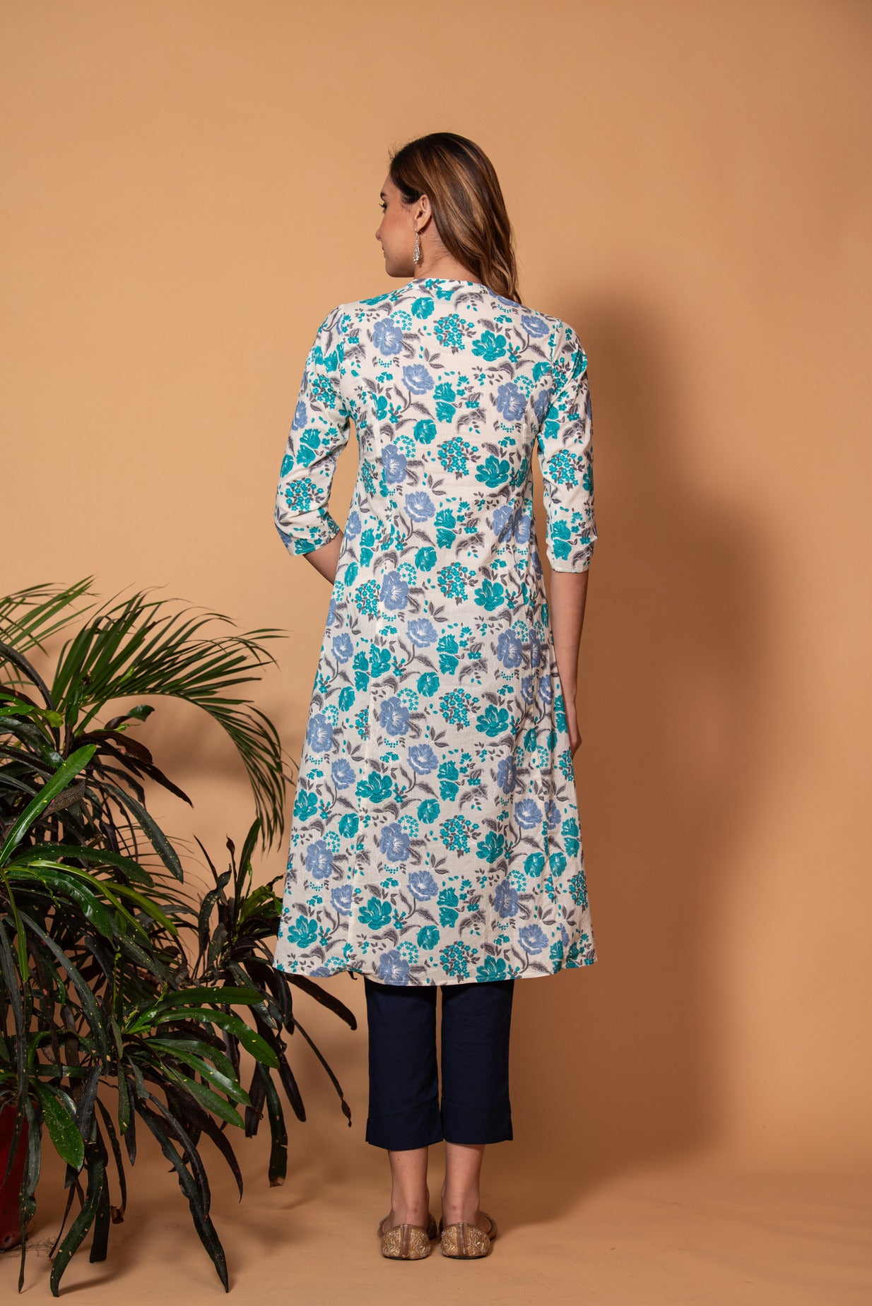 White with Light Blue Floral Printed Cotton Kurti