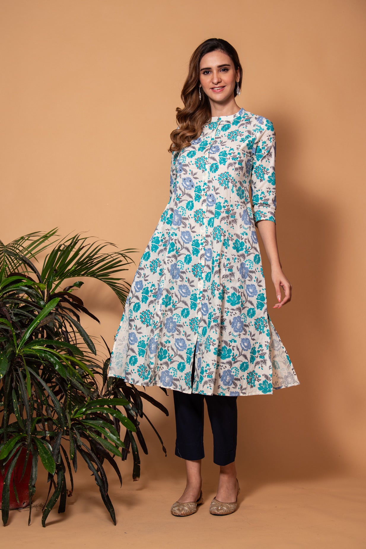 White with Light Blue Floral Printed Cotton Kurti