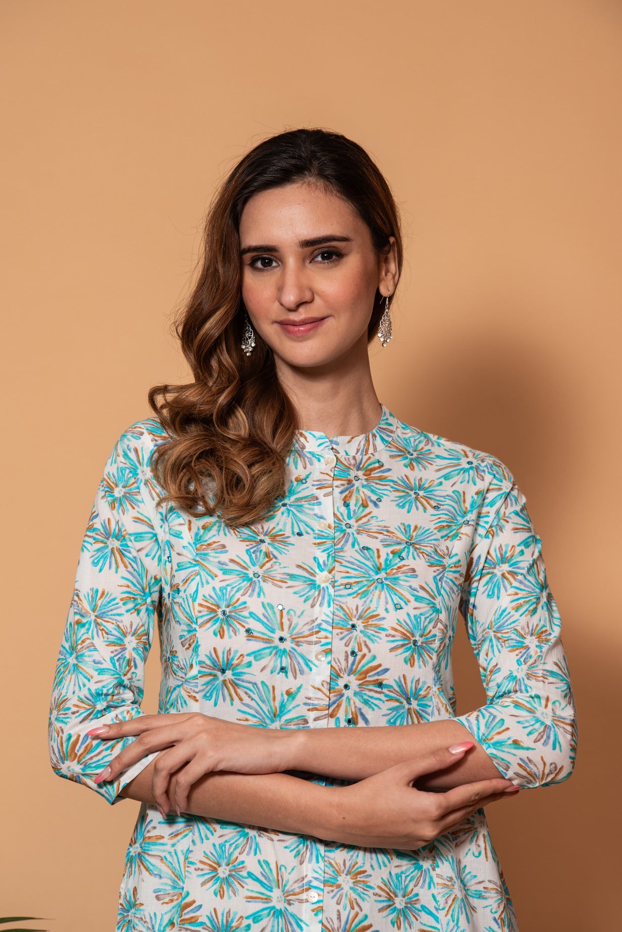 White with Blue Floral Printed Cotton Kurta