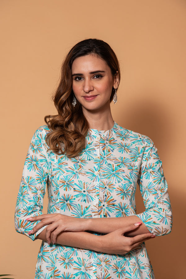 White with Blue Floral Printed Cotton Kurti