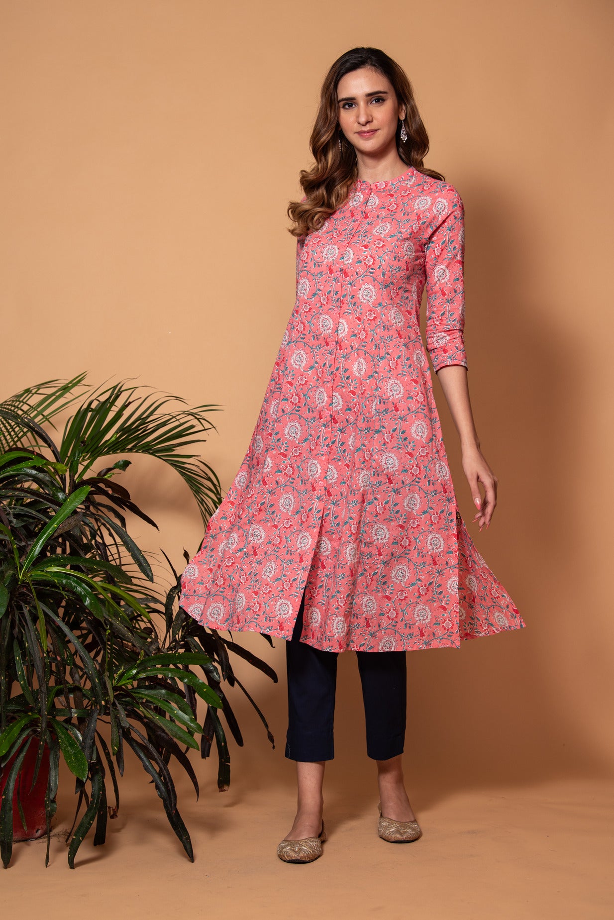 Pink with White Floral Printed Cotton Kurta
