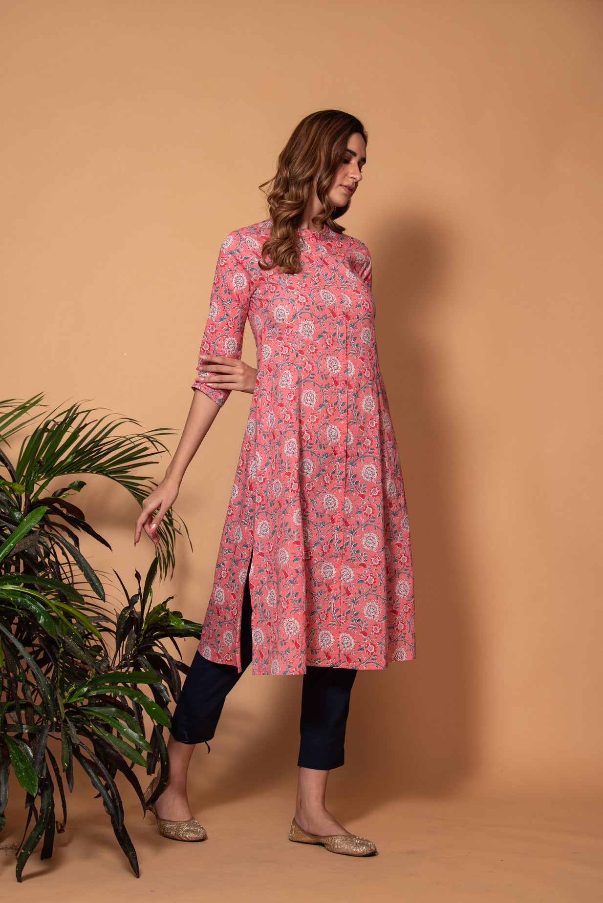 Pink with White Floral Printed Cotton Kurta