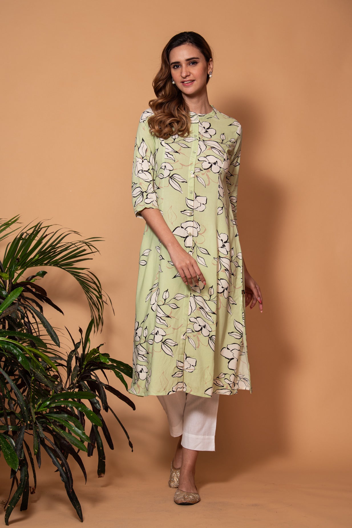 Green With White Floral Printed Cotton Kurti