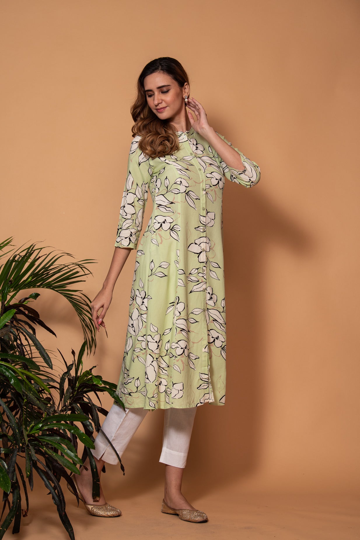 Green With White Floral Printed Cotton Kurti