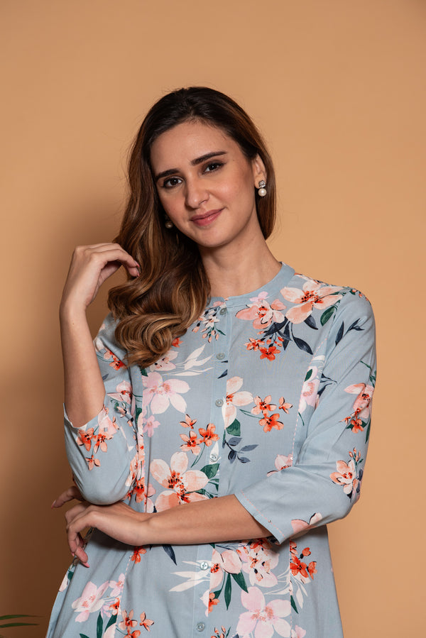 Pastel Blue With Pink Floral Printed Cotton Kurti
