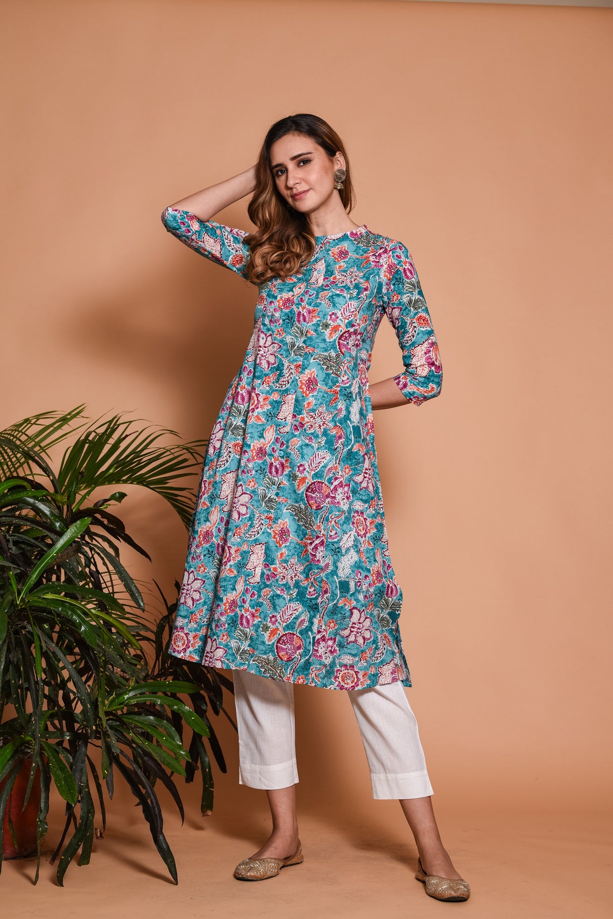 Blue with Red Floral Printed Cotton Kurta