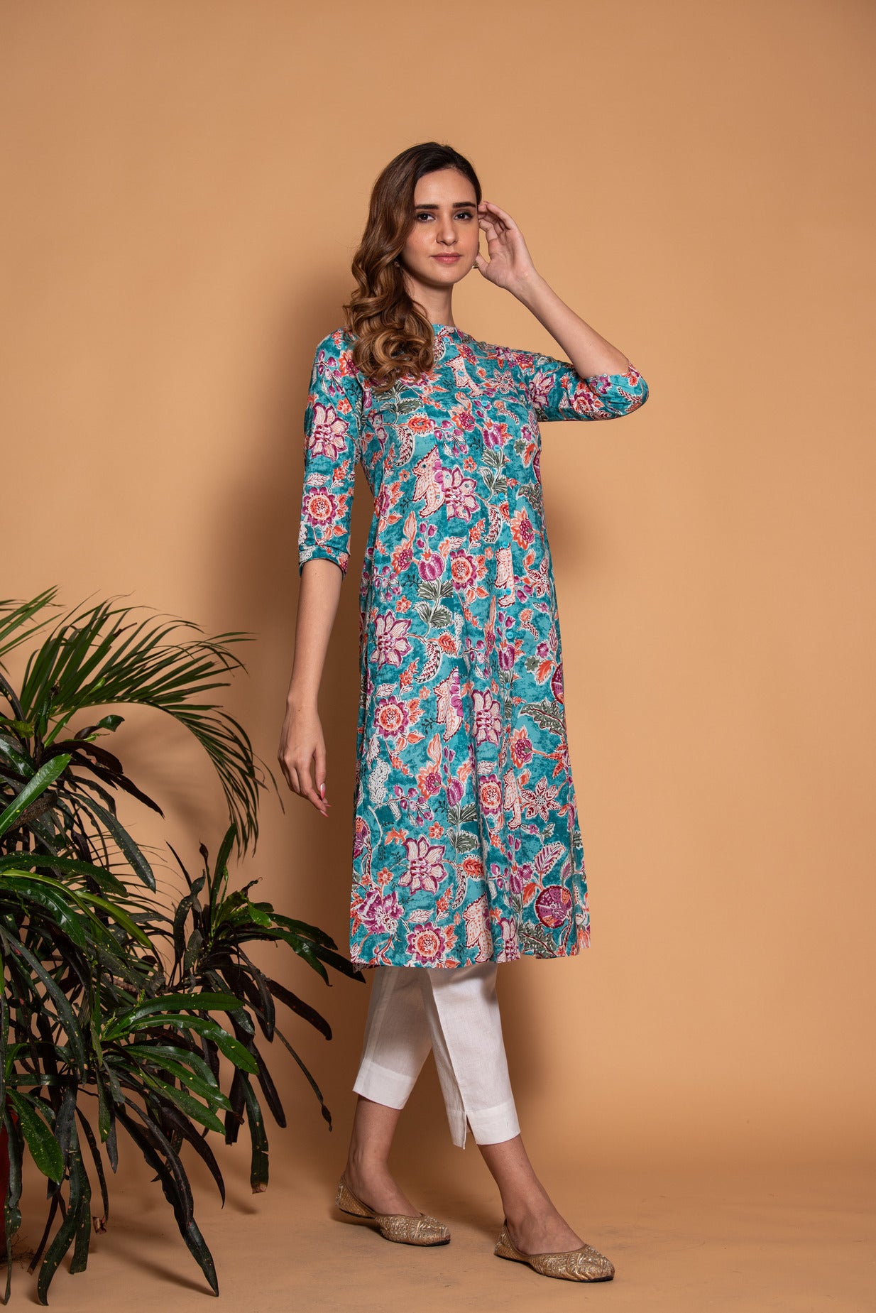 Blue with Red Floral Printed Cotton Kurta