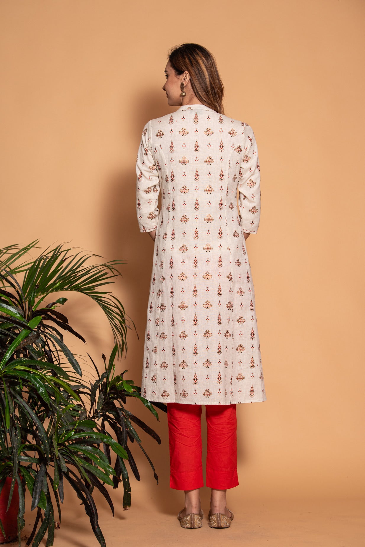 Off White With Red Floral Printed Cotton Kurta