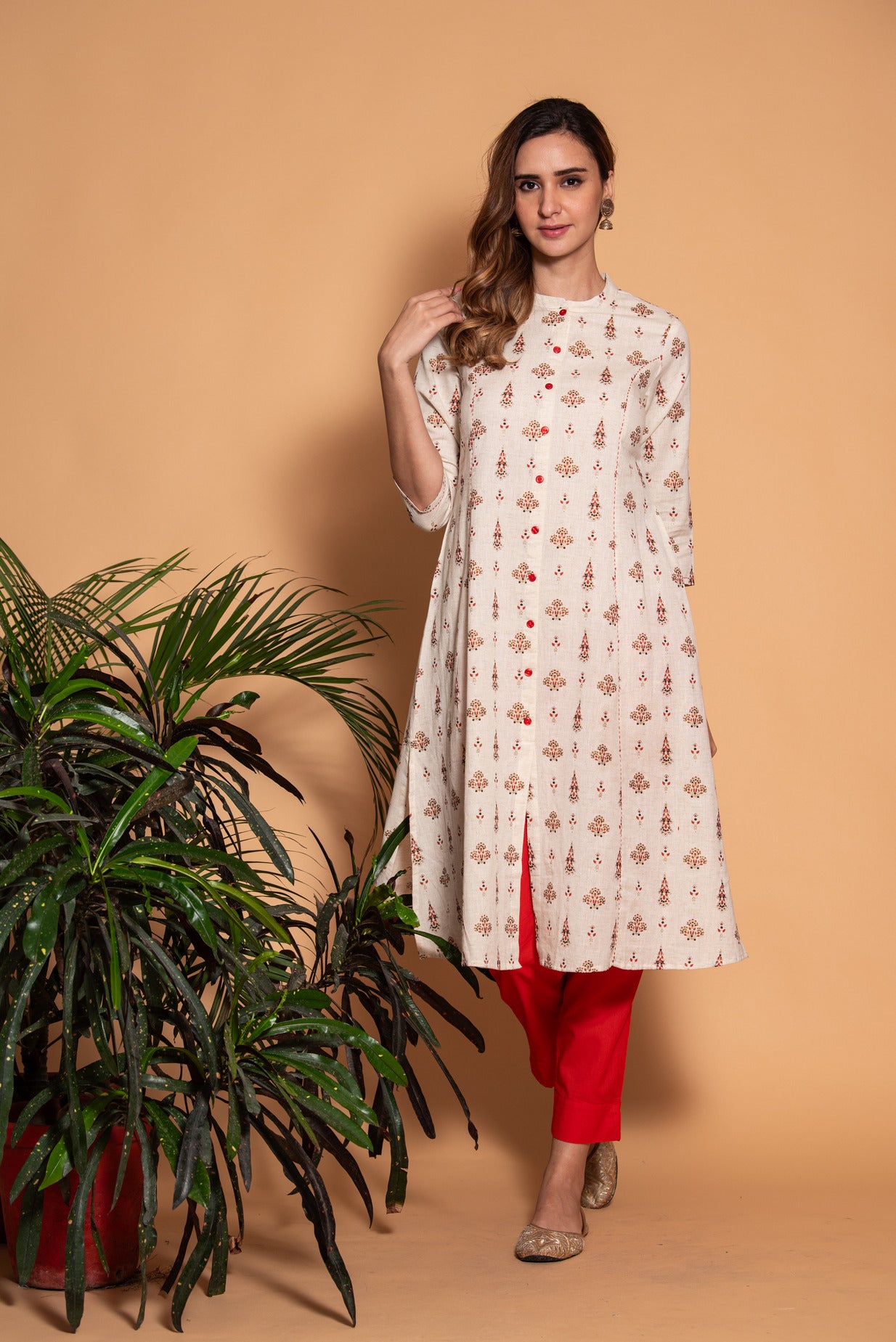 Off White With Red Floral Printed Cotton Kurta