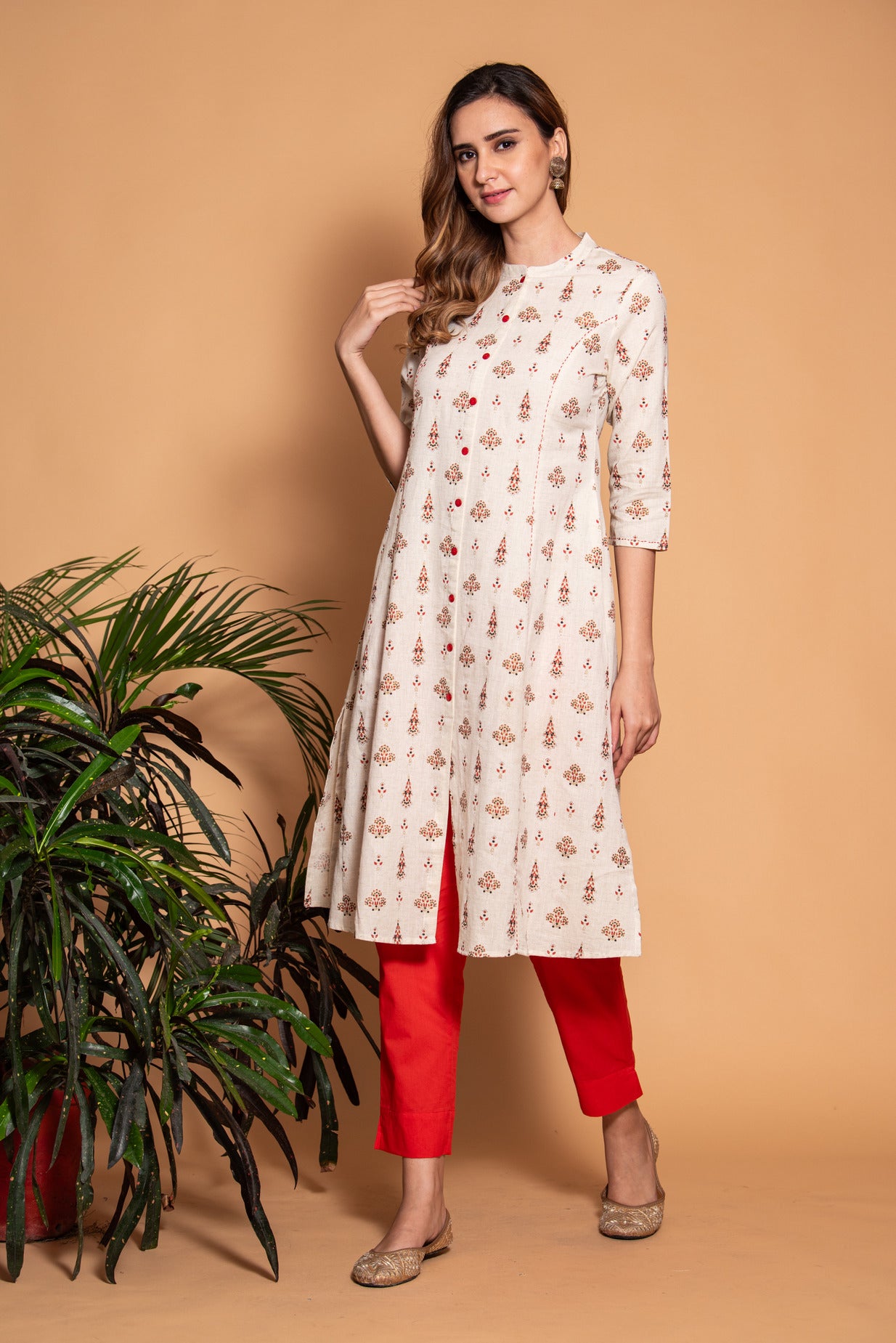 Off White With Red Floral Printed Cotton Kurta