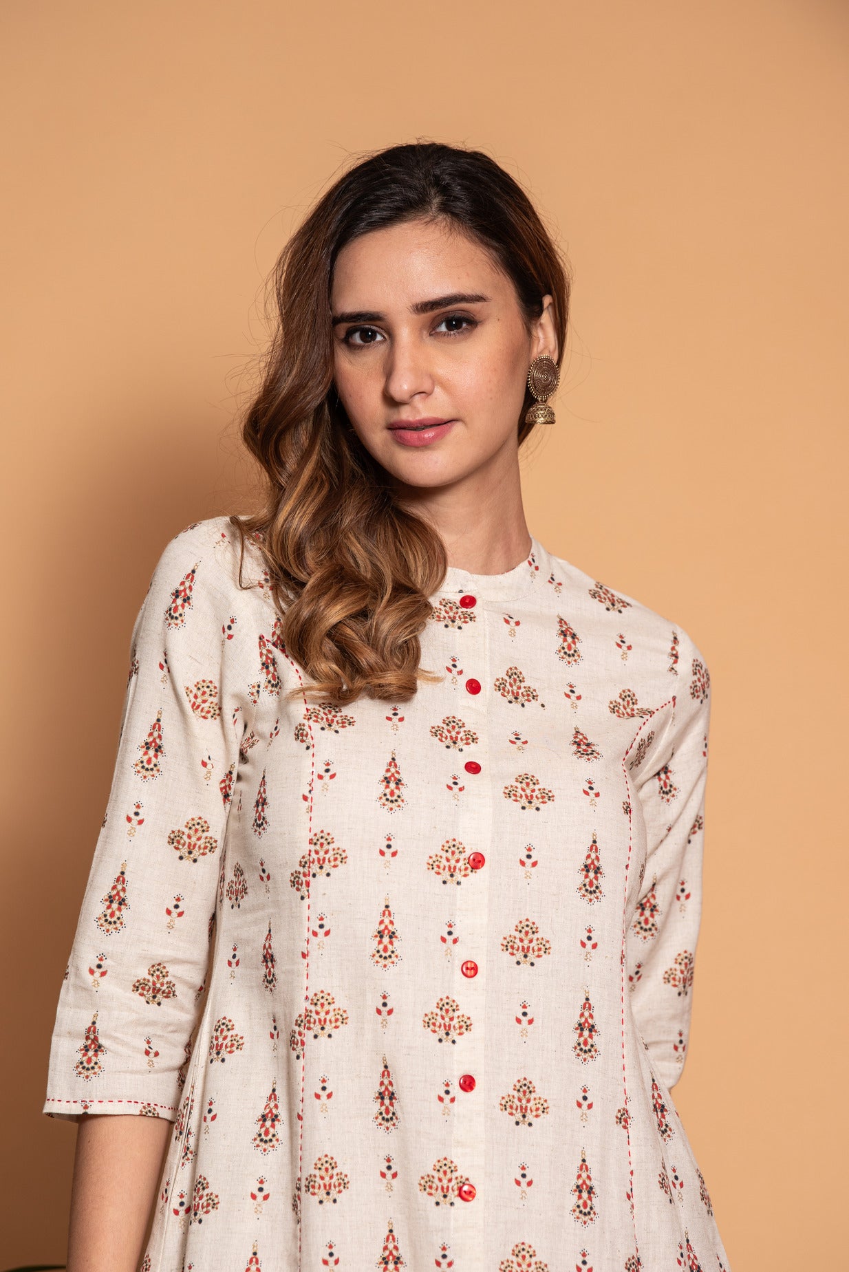Off White With Red Floral Printed Cotton Kurta