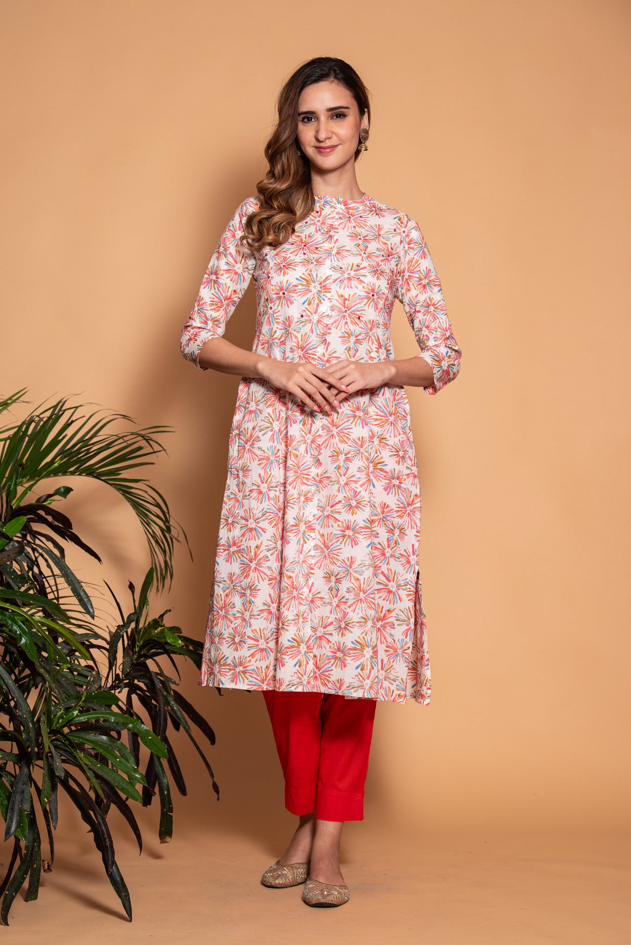 White with Multicolor Floral Printed Cotton Kurti