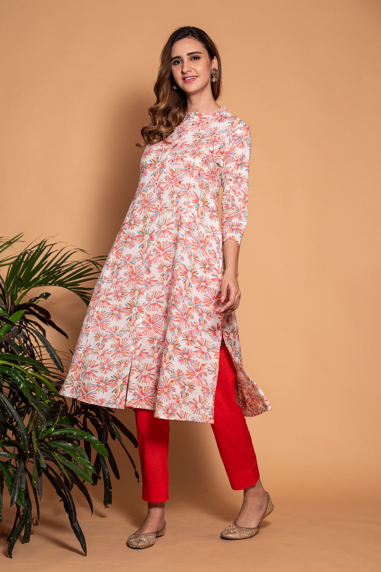 White with Multicolor Floral Printed Cotton Kurta