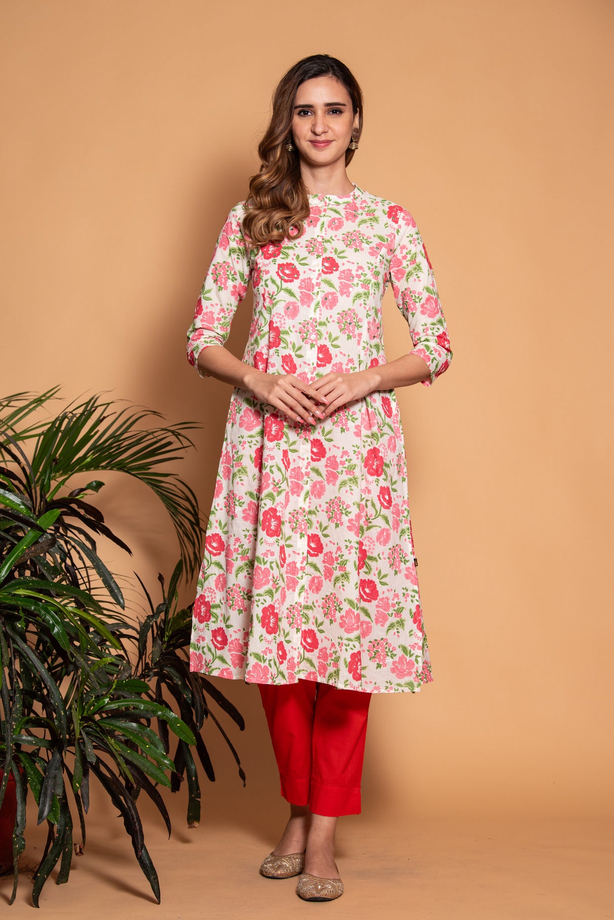 White with Dark Pink Floral Printed Cotton Kurta