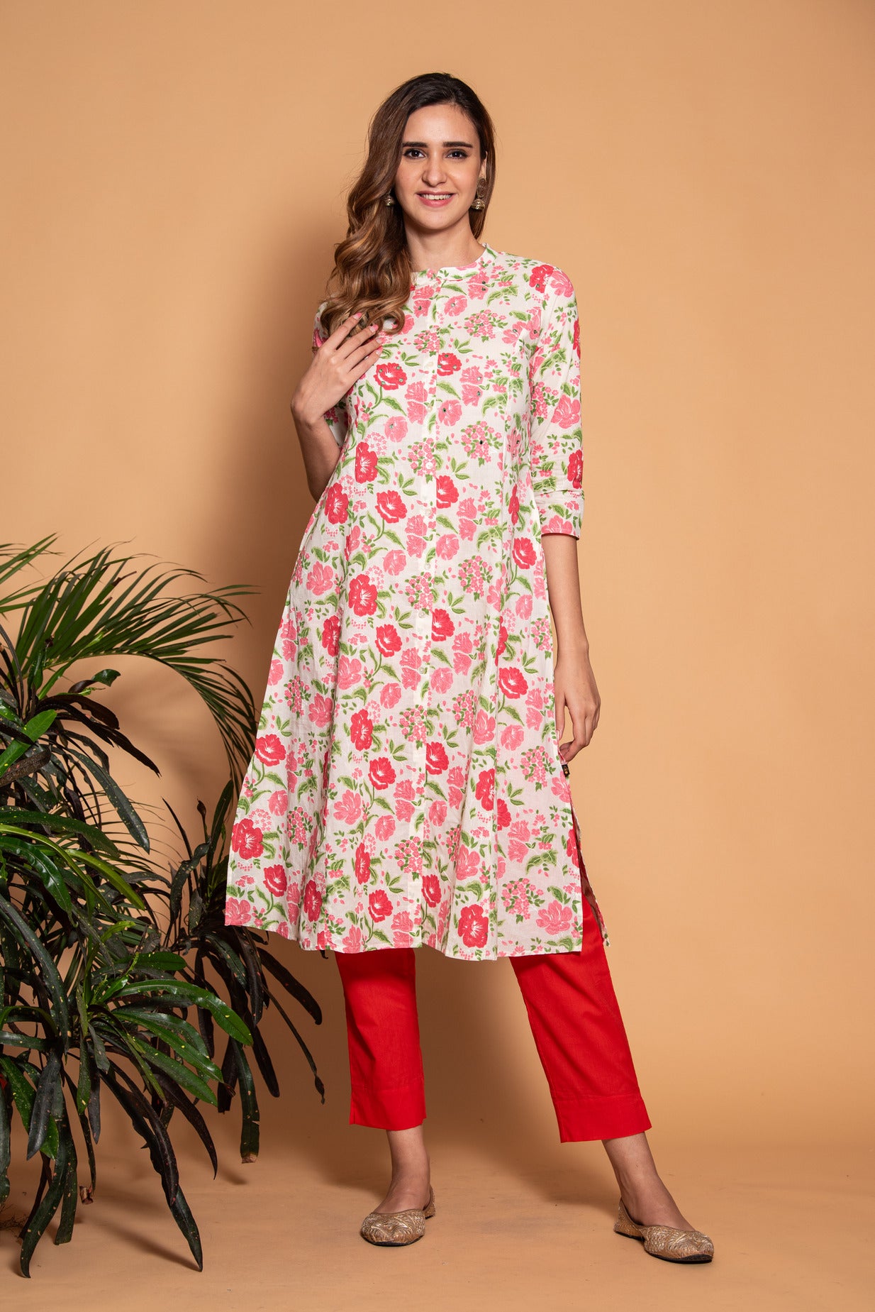 White with Dark Pink Floral Printed Cotton Kurta