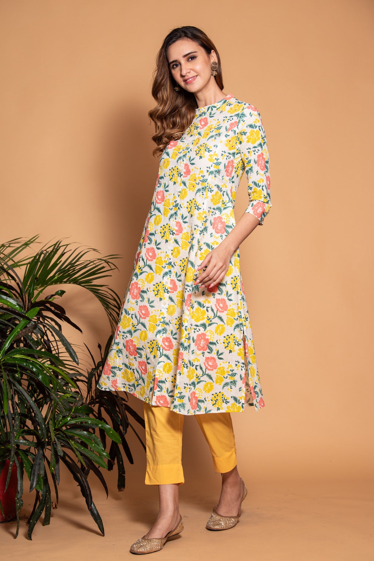 White with Yellow Floral Printed Cotton Kurti