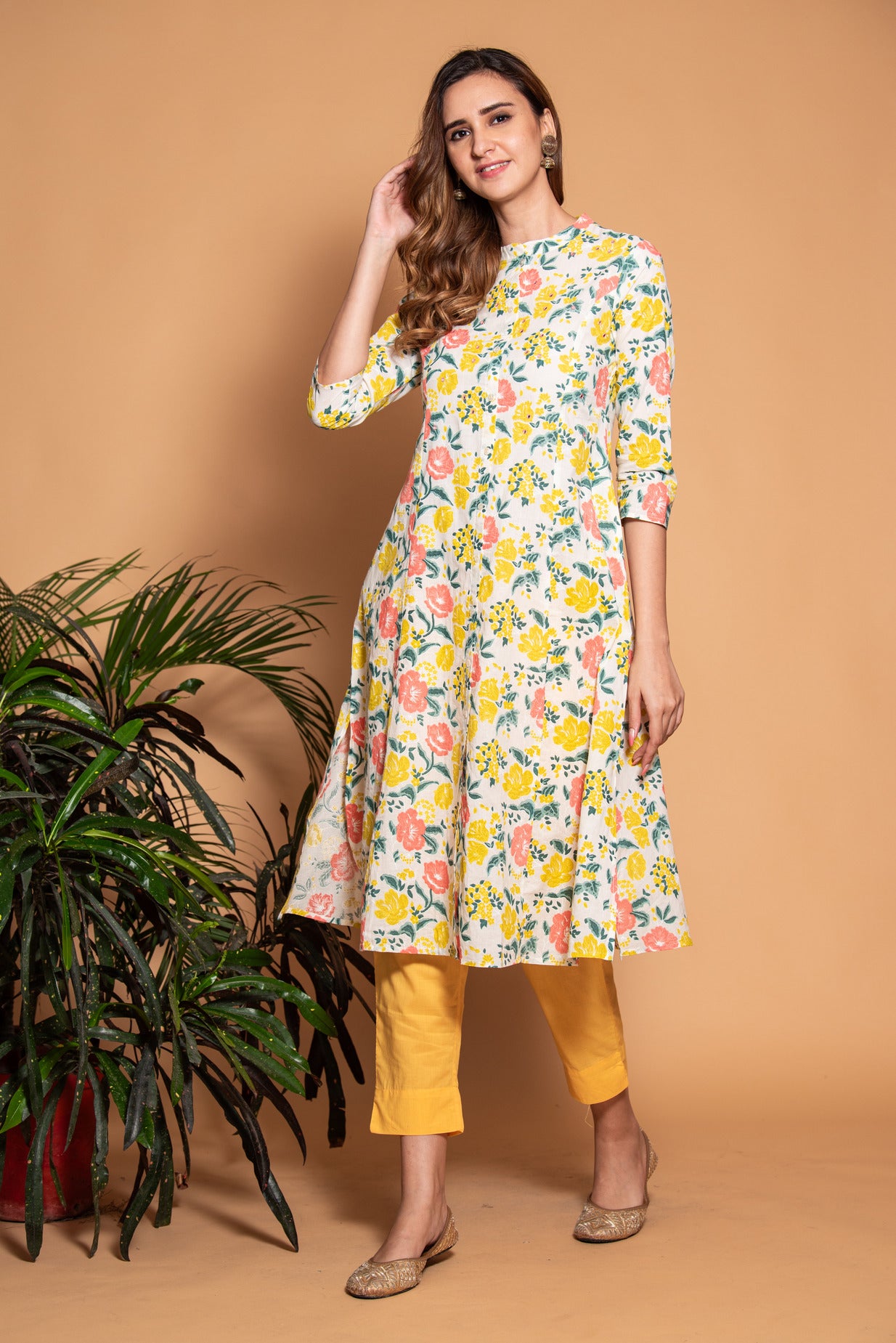 White with Yellow Floral Printed Cotton Kurti
