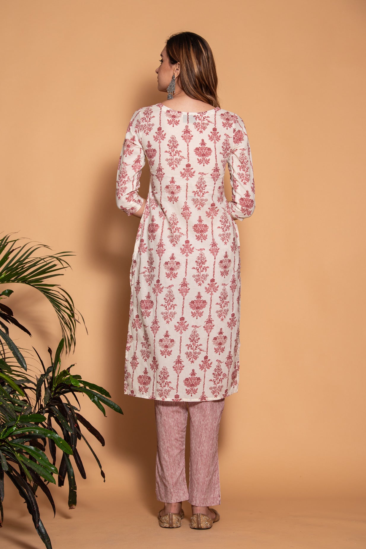 Off-White with Maroon Floral Printed Cotton Kurti Set