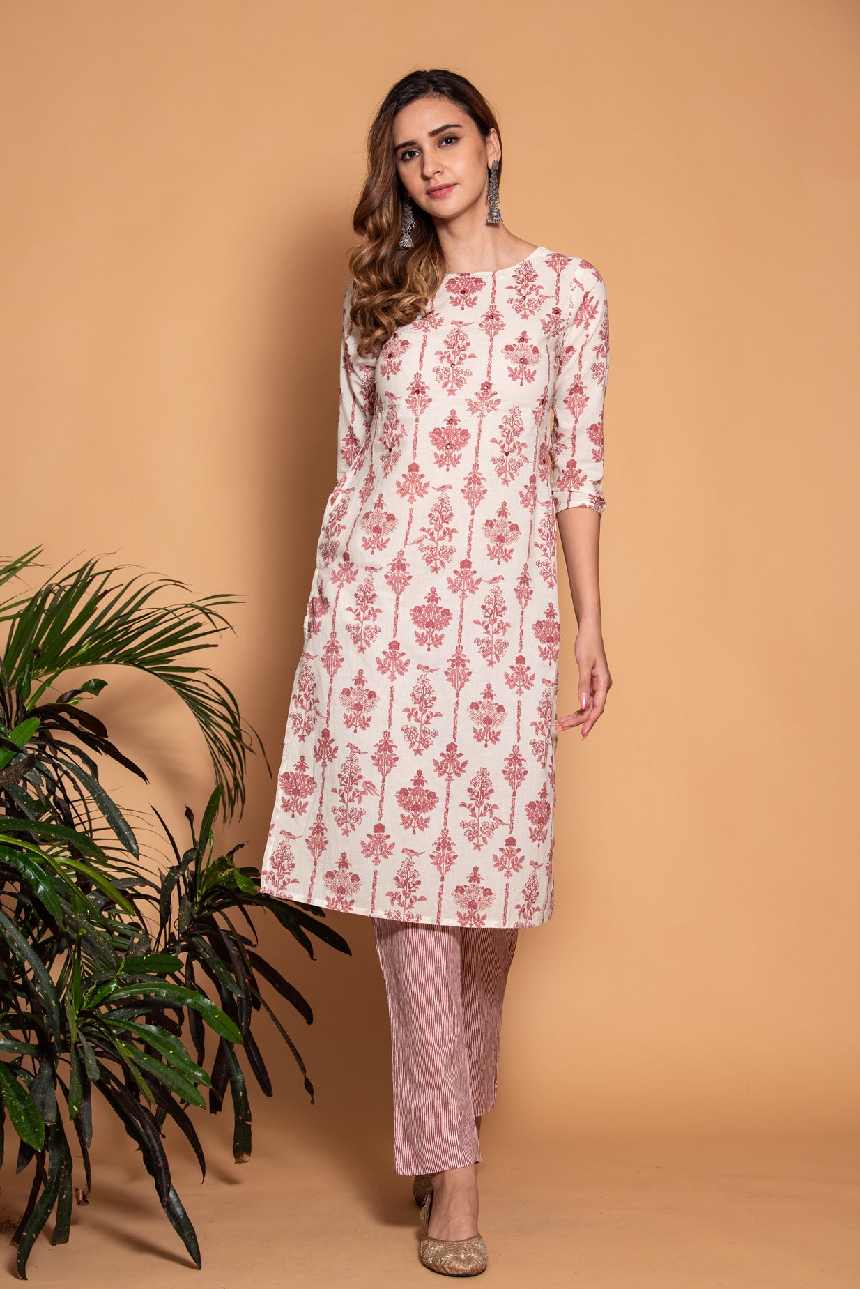 Off-White with Maroon Floral Printed Cotton Kurti Set
