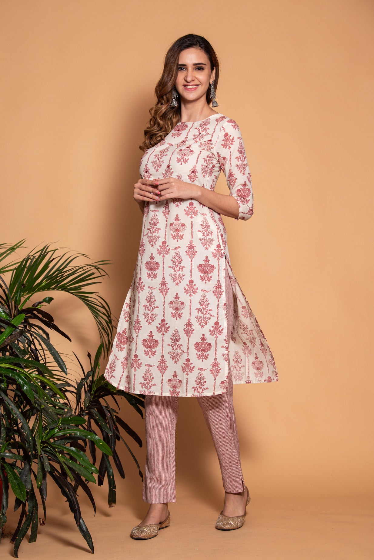 Off-White with Maroon Floral Printed Cotton Kurti Set