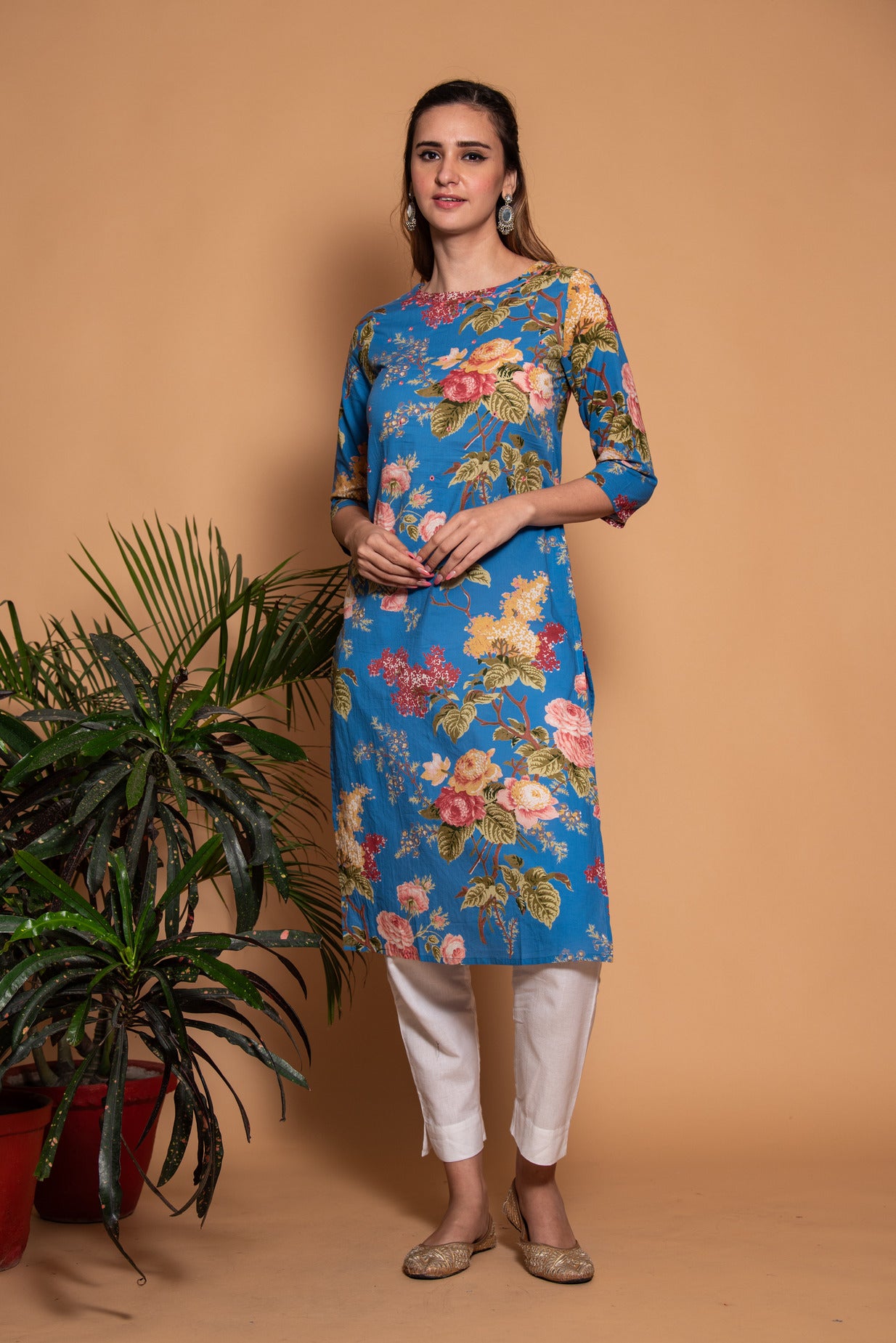 Blue Embellished Floral Printed Cotton Kurti