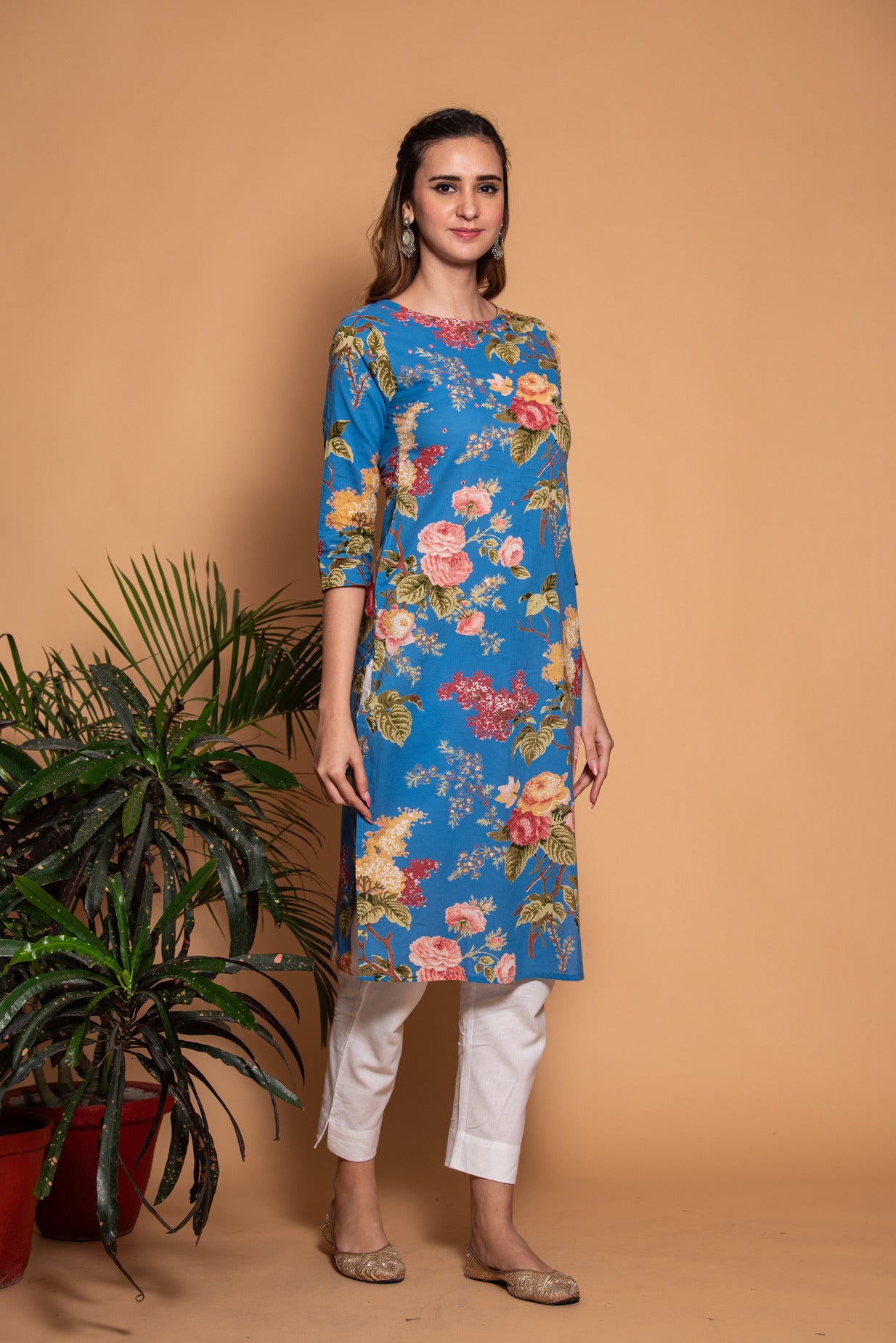 Blue Embellished Floral Printed Cotton Kurti