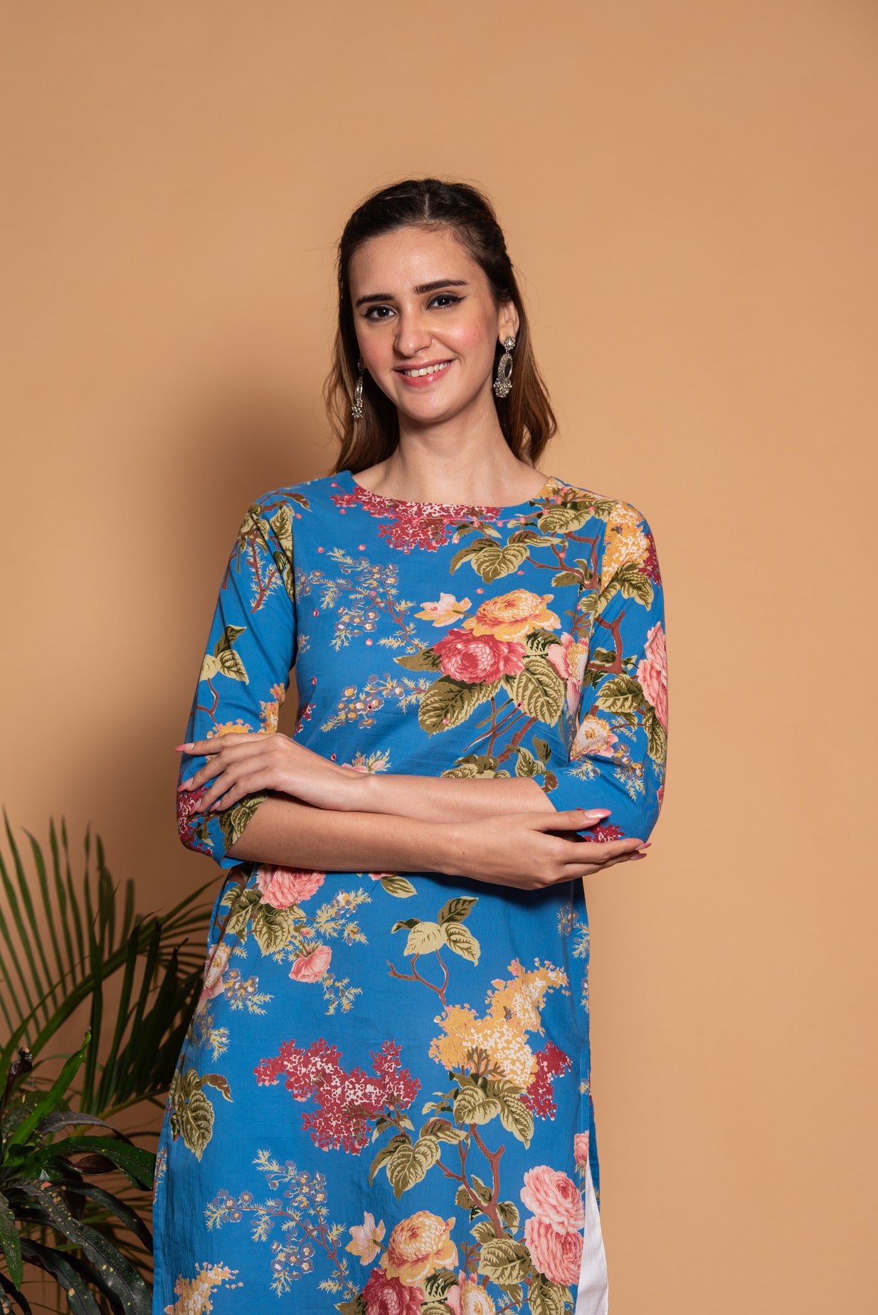 Blue Embellished Floral Printed Cotton Kurti