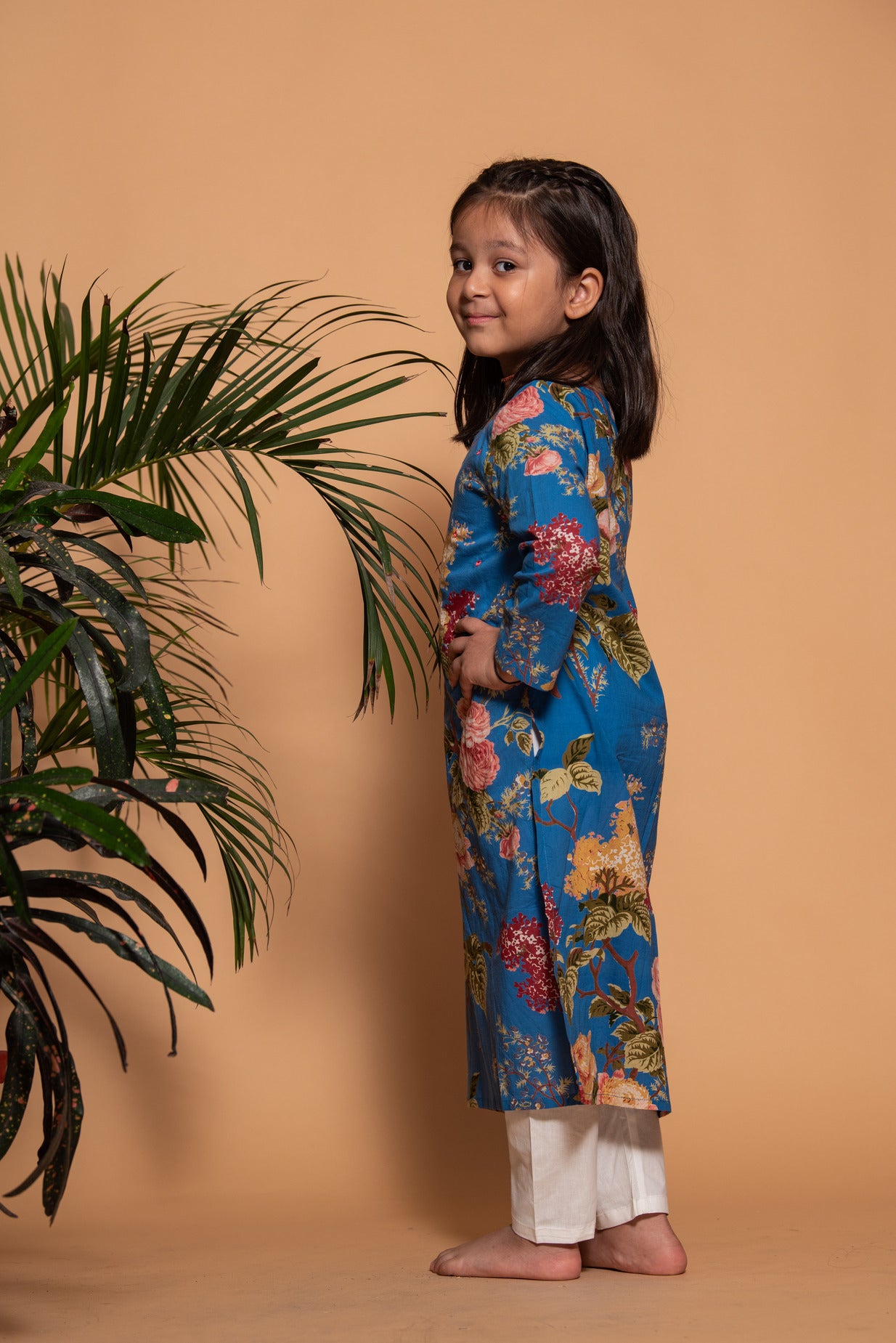 Blue Embellished Floral Printed Cotton Kurti