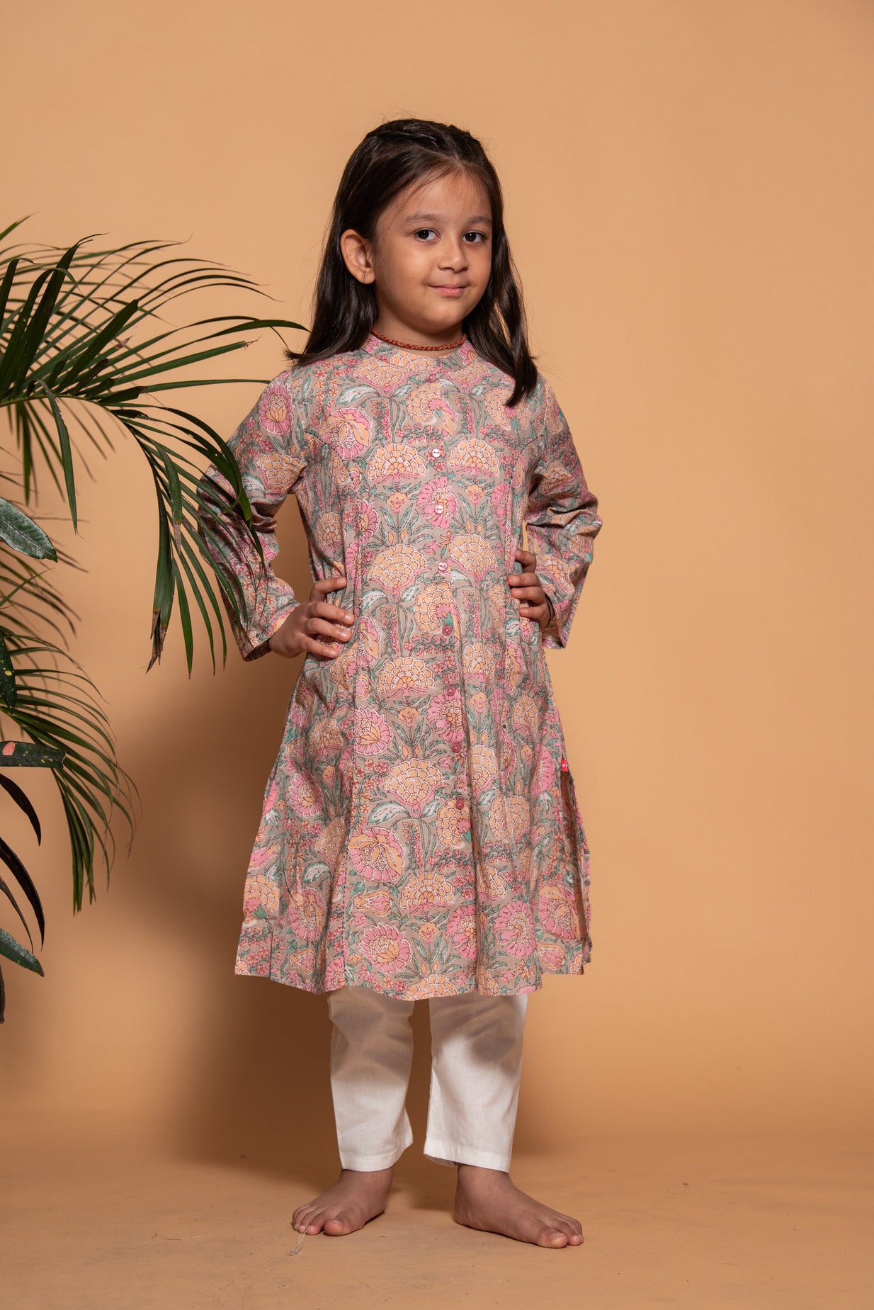 Pink Floral Printed Cotton Girl's Kurta