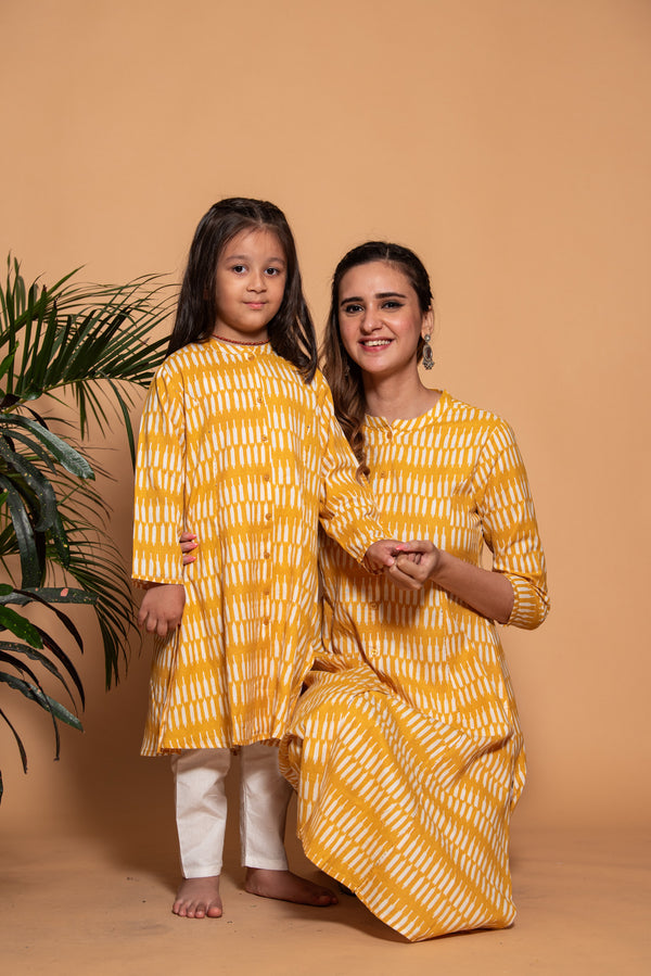Mustard Temple Printed Cotton Kurti