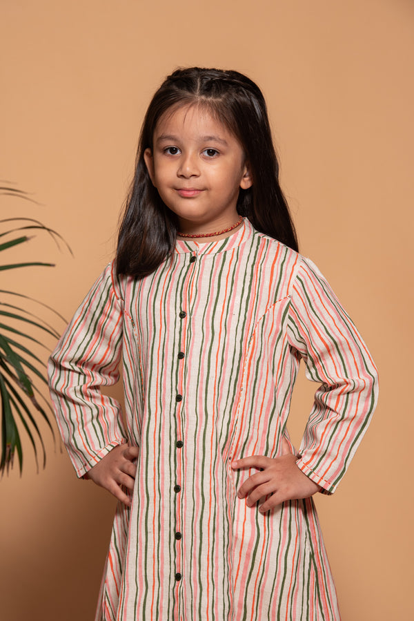 White with Multi Colour Stripe Printed Cotton Girl's Kurta