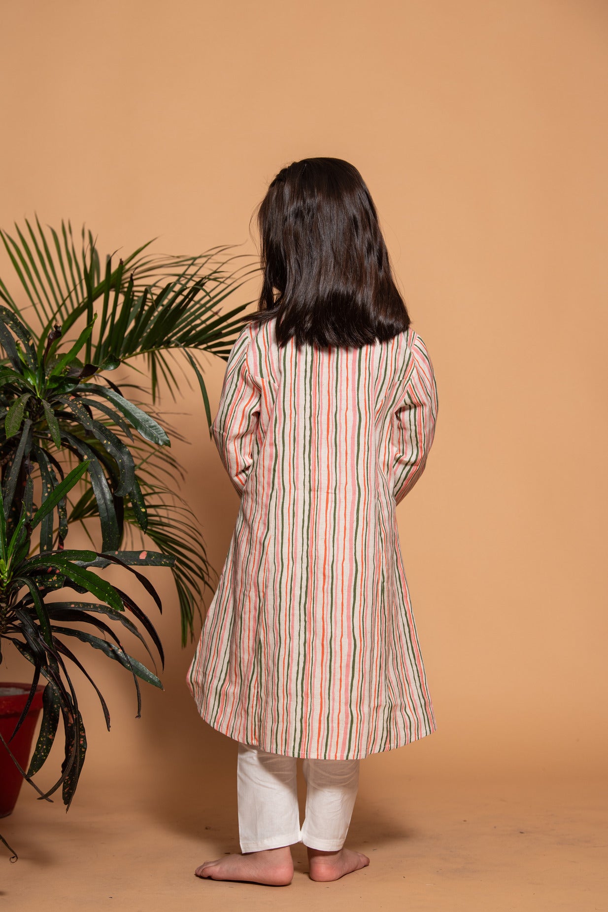 White with Multi Colour Stripe Printed Cotton Girl's Kurta