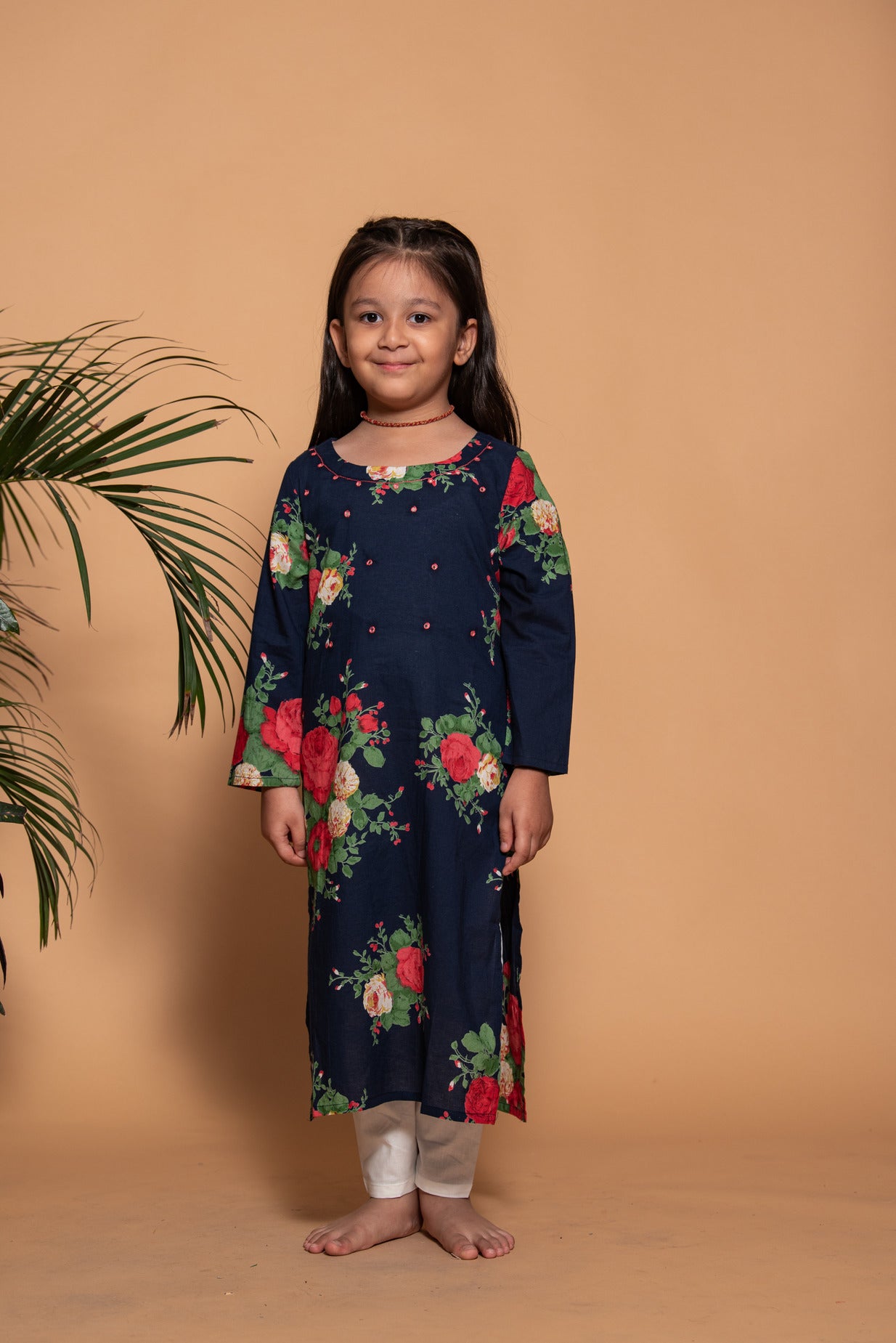 Mid Night Blue Floral Printed Cotton Kurta