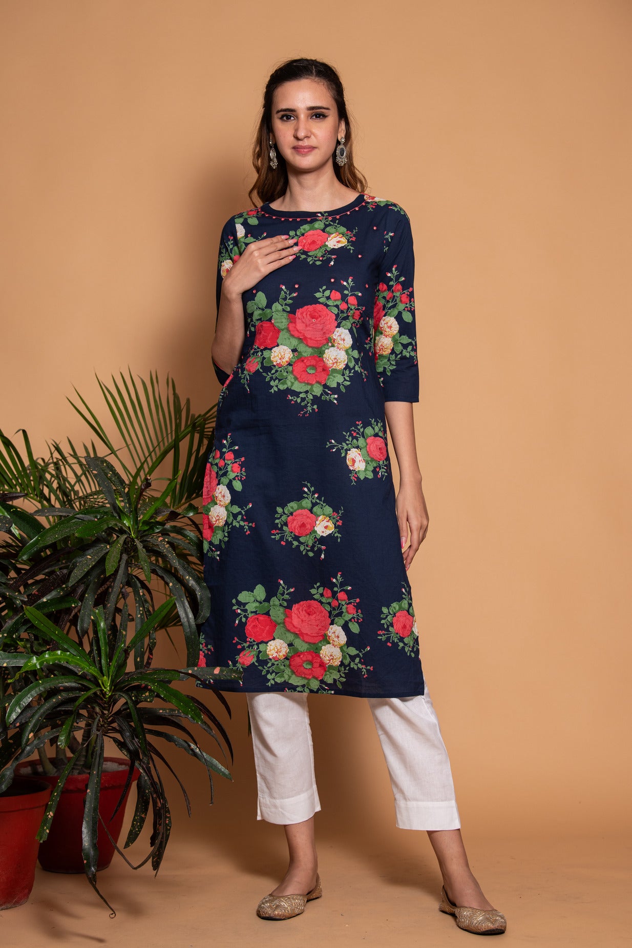 Mid Night Blue Floral Printed Cotton Kurta