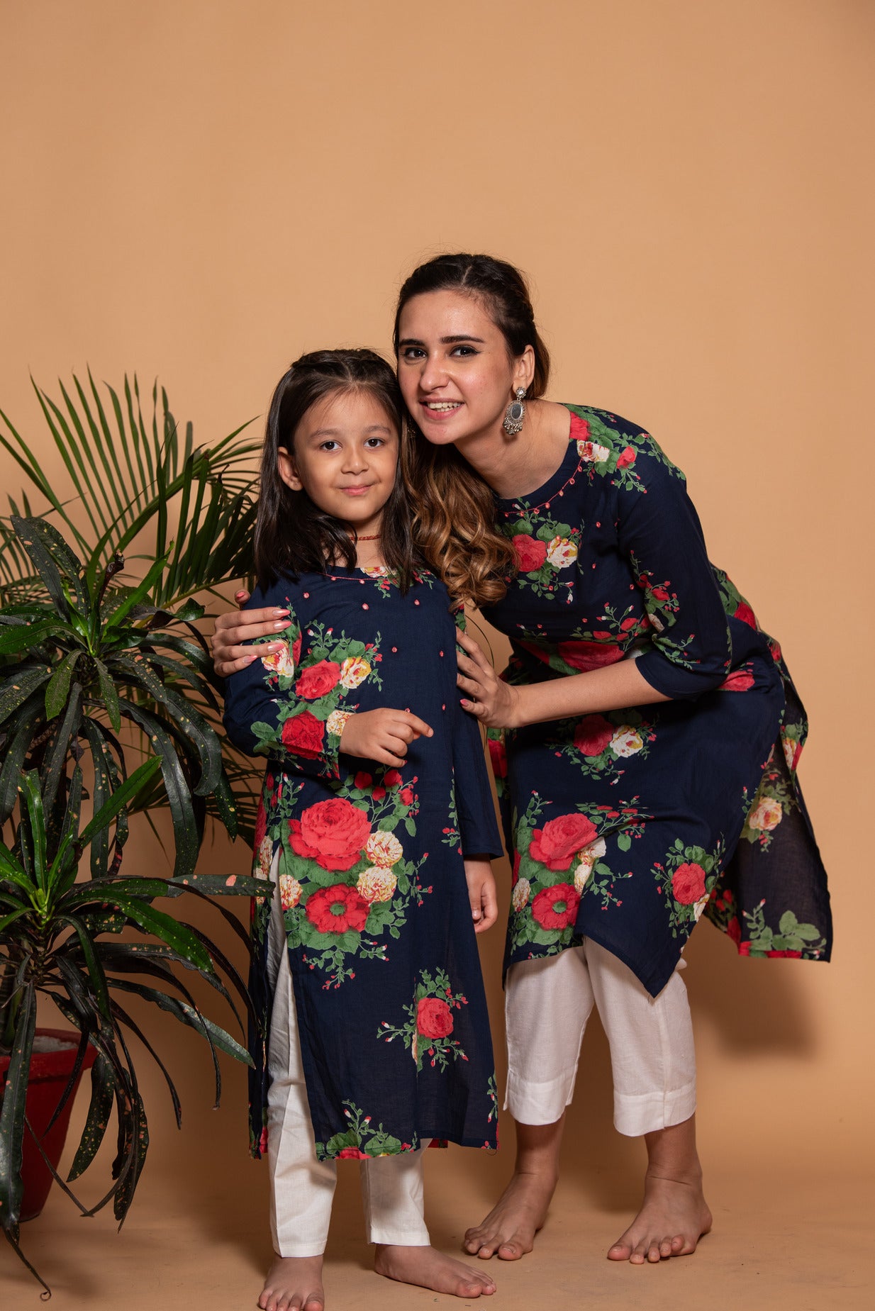 Mid Night Blue Floral Printed Cotton Kurta