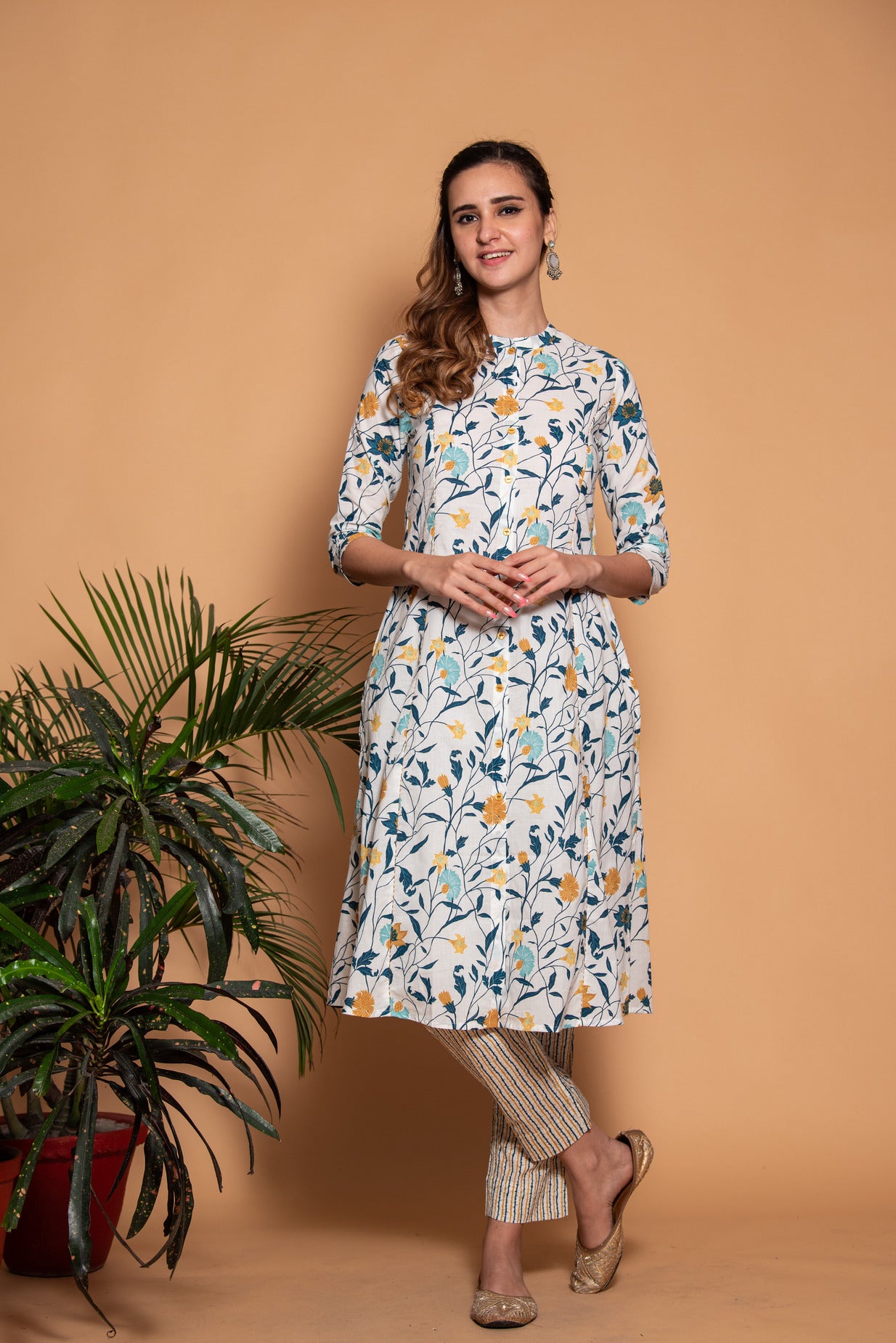 White with Mustard Floral Printed Cotton Kurti