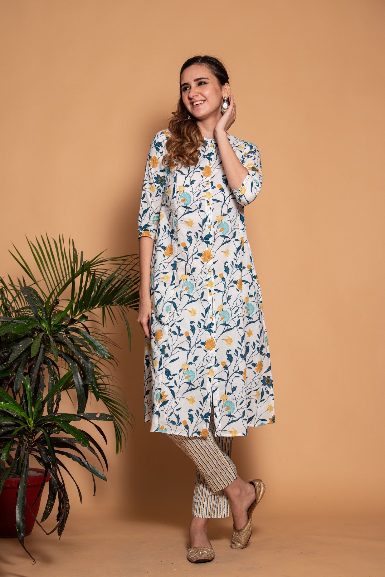 White with Mustard Floral Printed Cotton Kurti