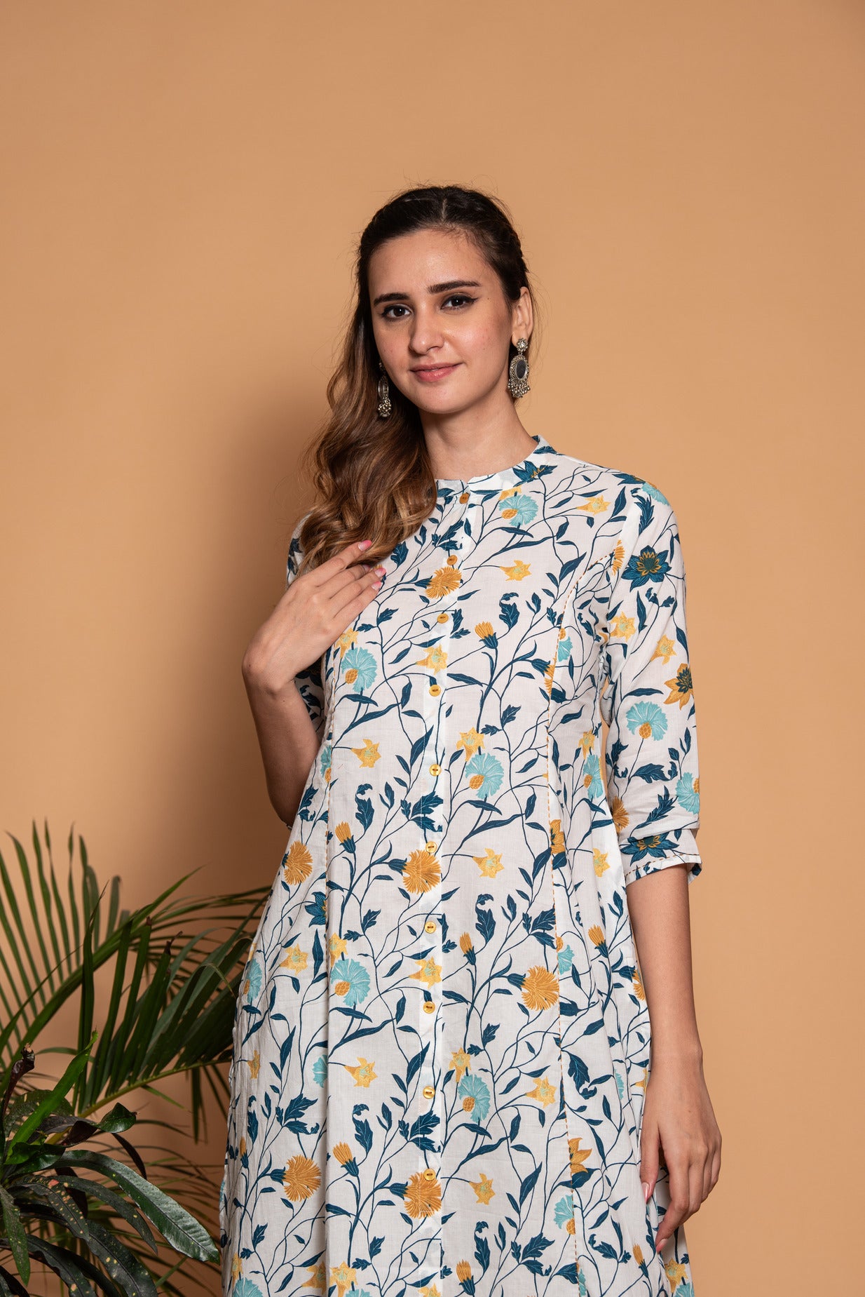 White with Mustard Floral Printed Cotton Kurti