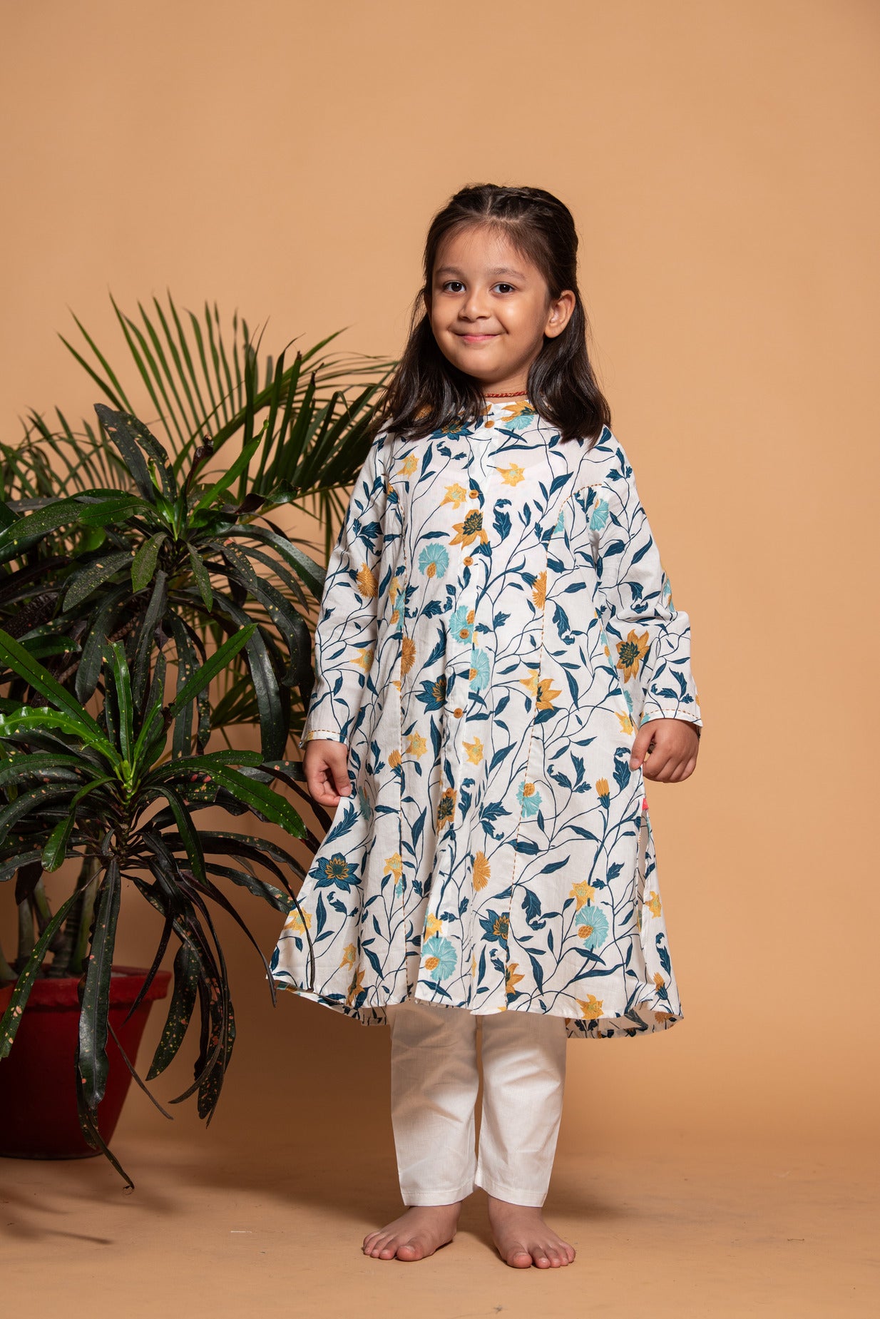White with Mustard Floral Printed Cotton Girl's Kurta