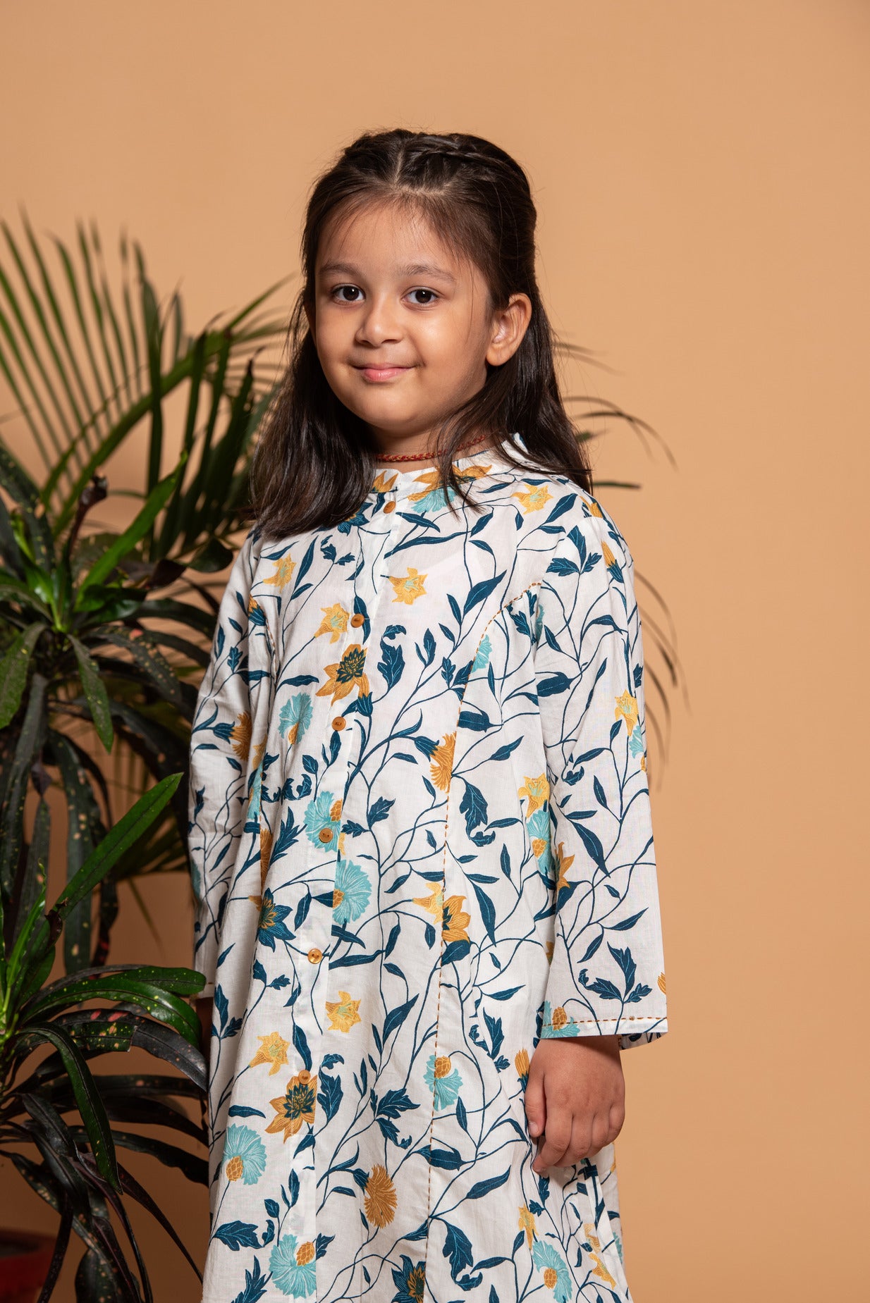 White with Mustard Floral Printed Cotton Girl's Kurti