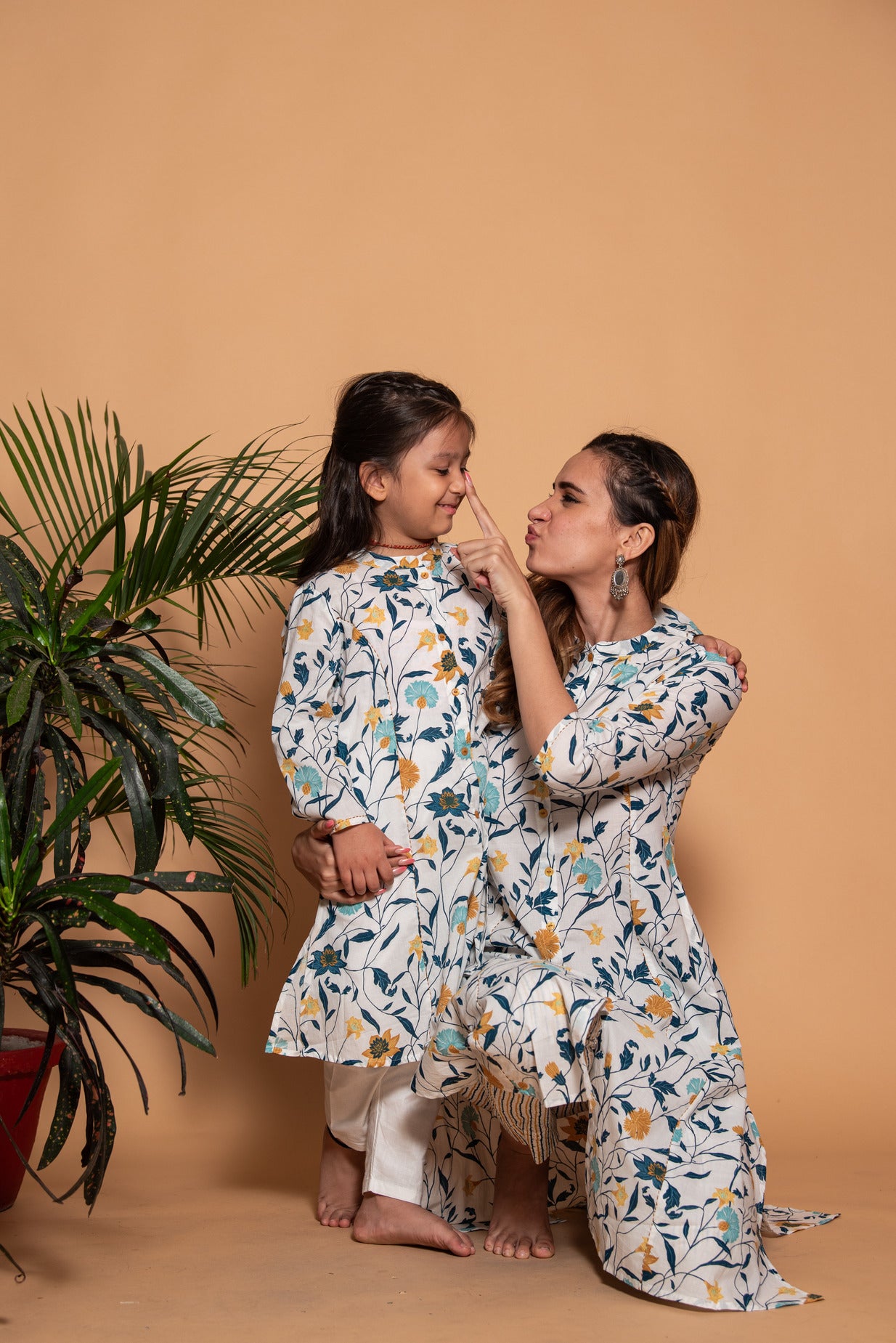 White with Mustard Floral Printed Cotton Kurti