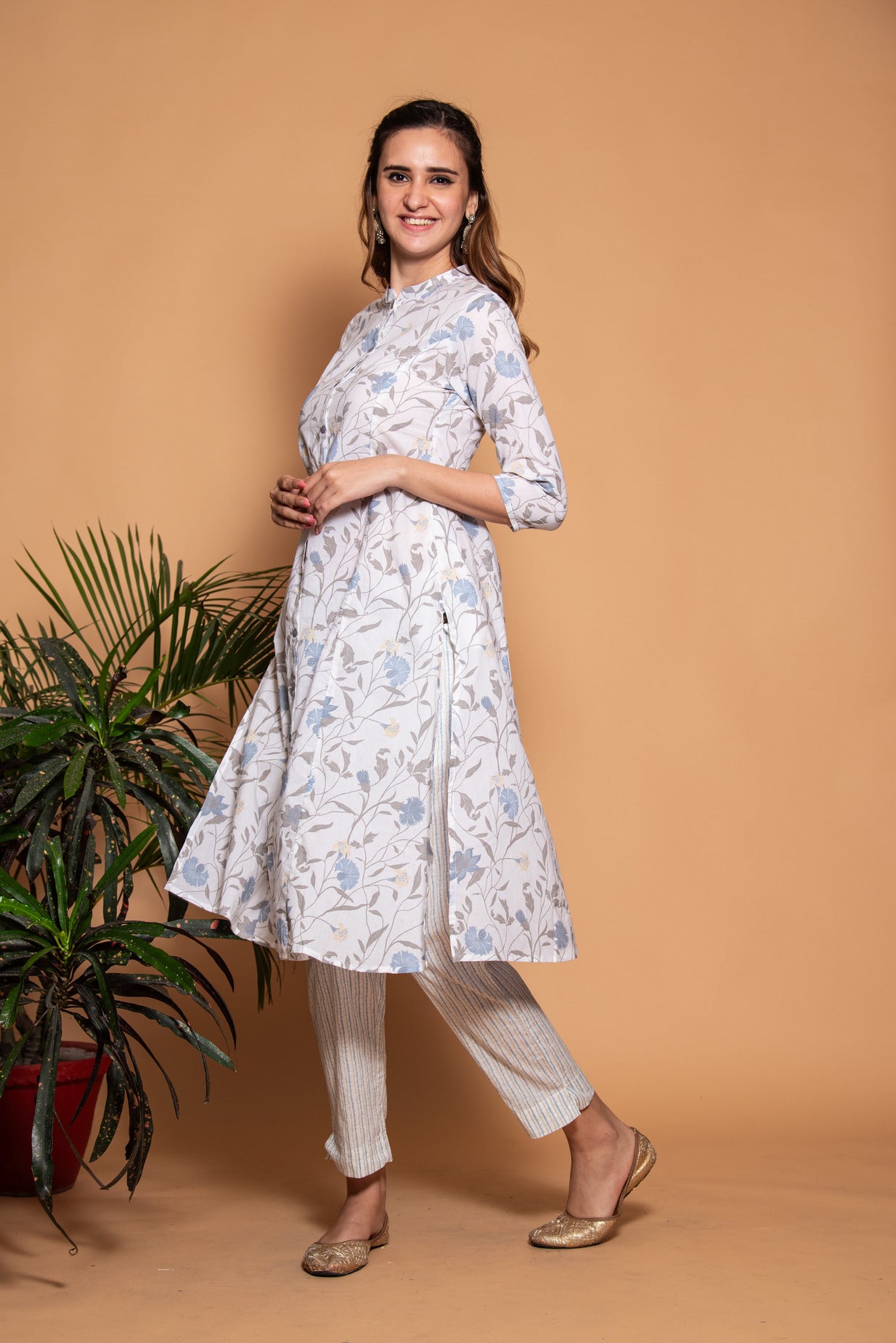 White With Grey Floral Printed Cotton Kurti