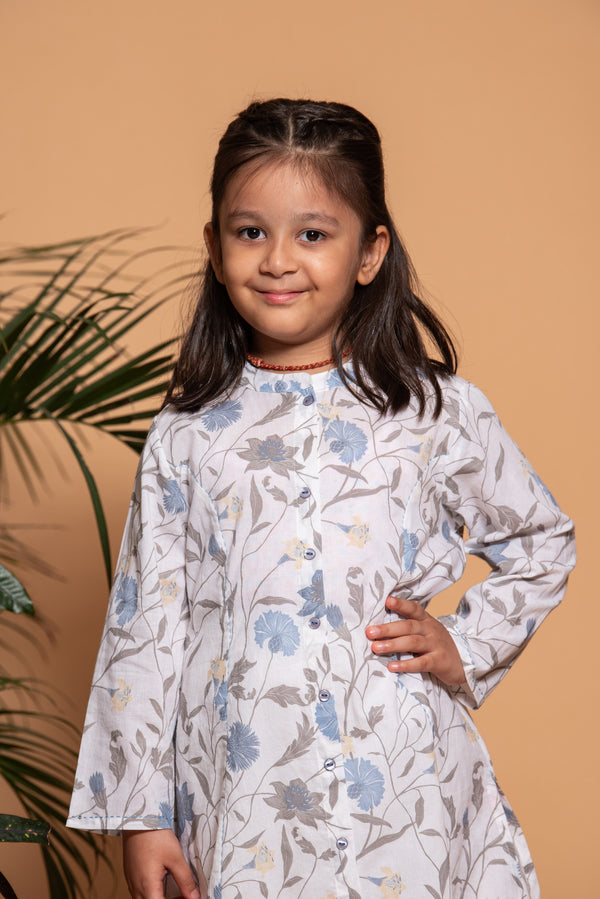 White With Grey Floral Printed Cotton Girl's Kurti