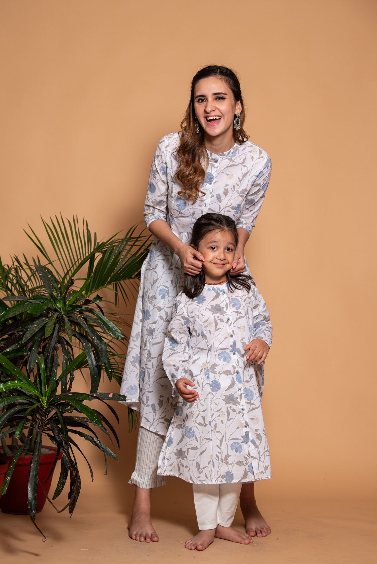 White With Grey Floral Printed Cotton Kurti