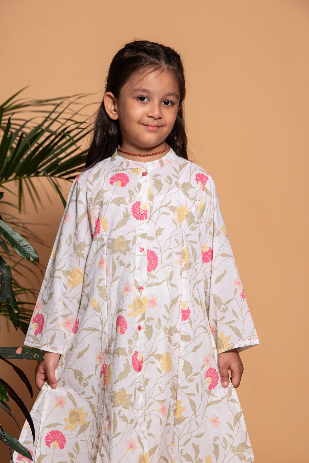 White with Pink floral Printed Cotton Girl's Kurta