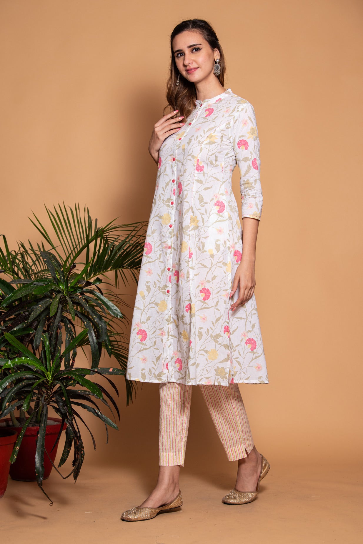 White with Pink Floral Printed Cotton Kurta