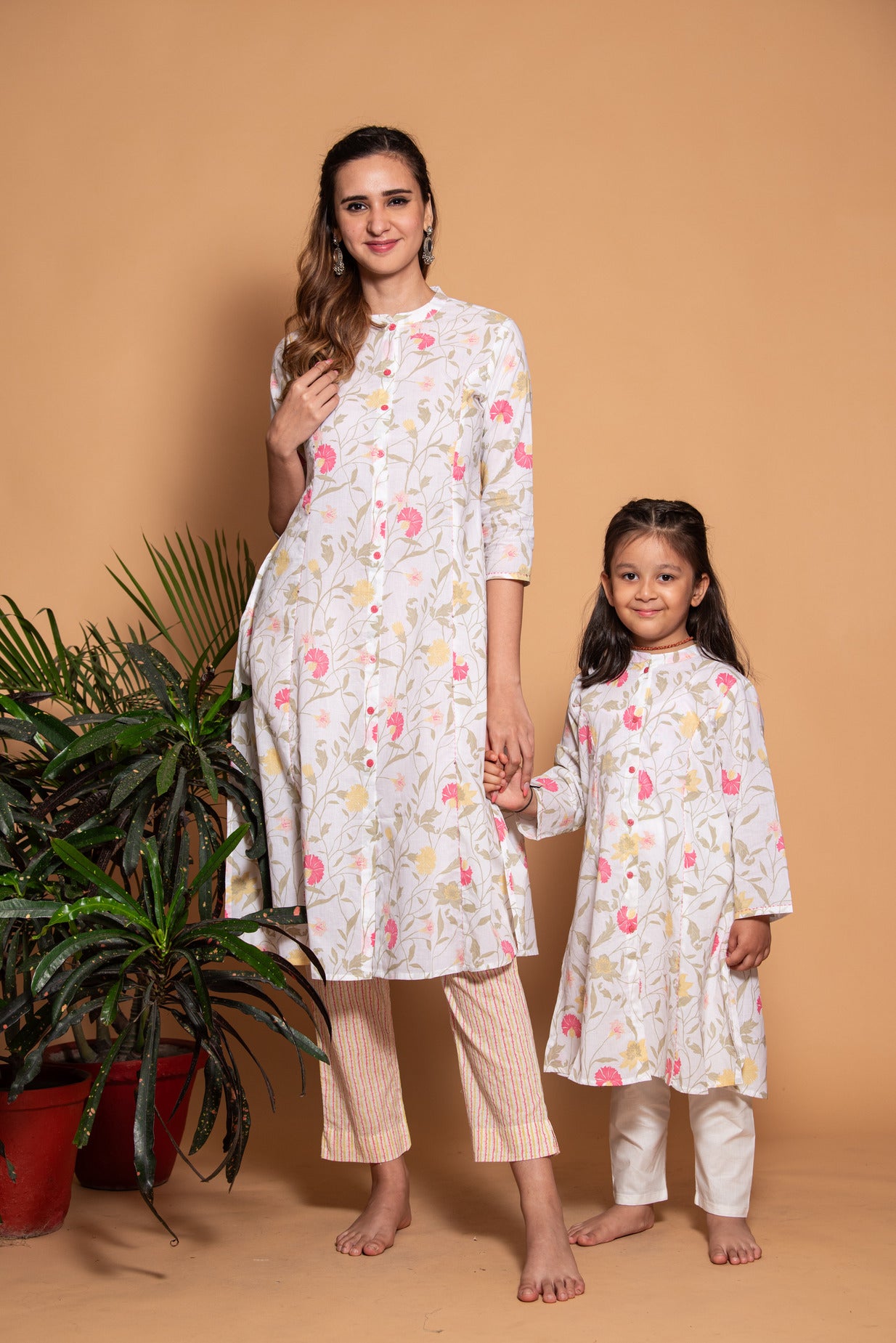 White with Pink Floral Printed Cotton Kurta