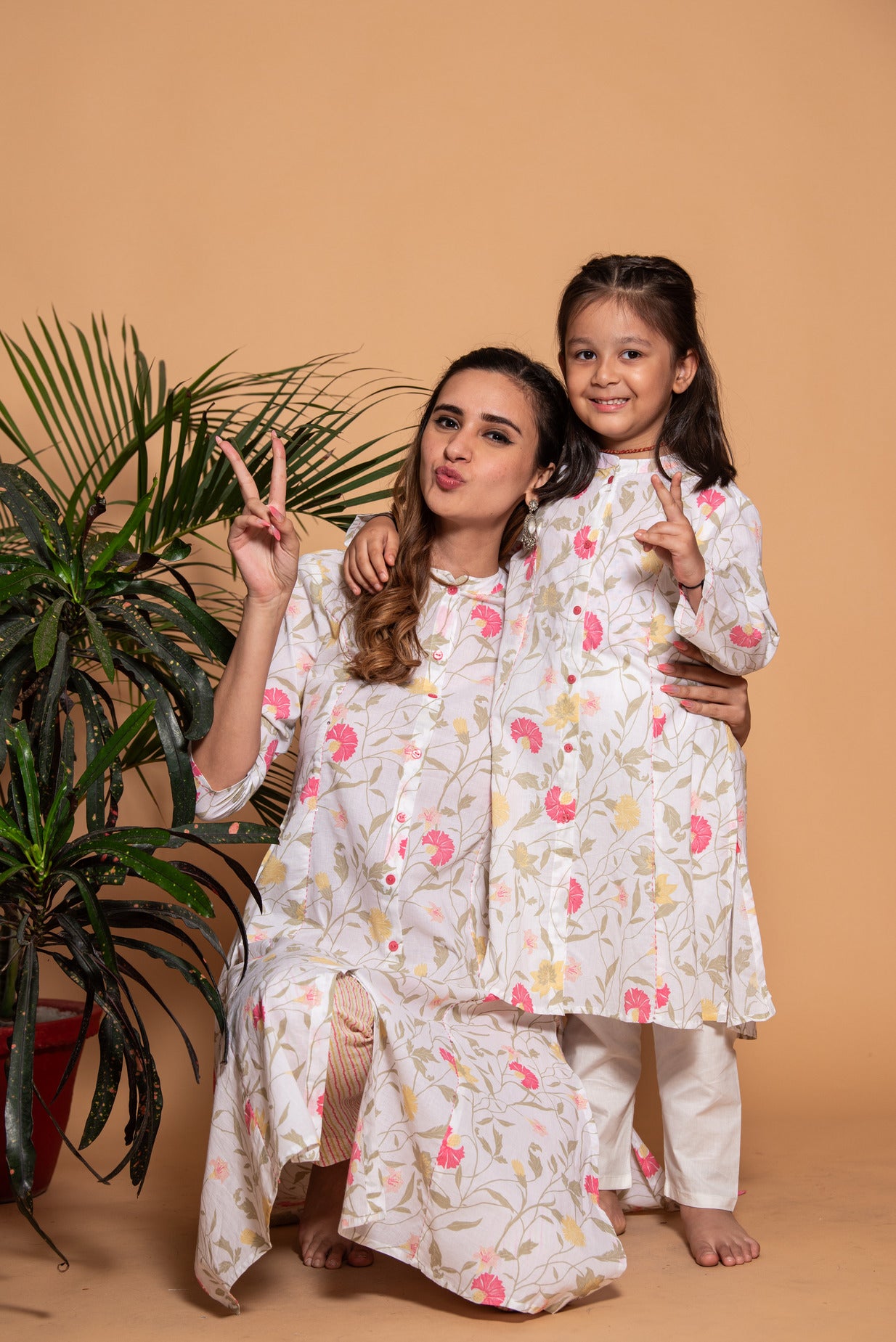 White with Pink Floral Printed Cotton Kurti